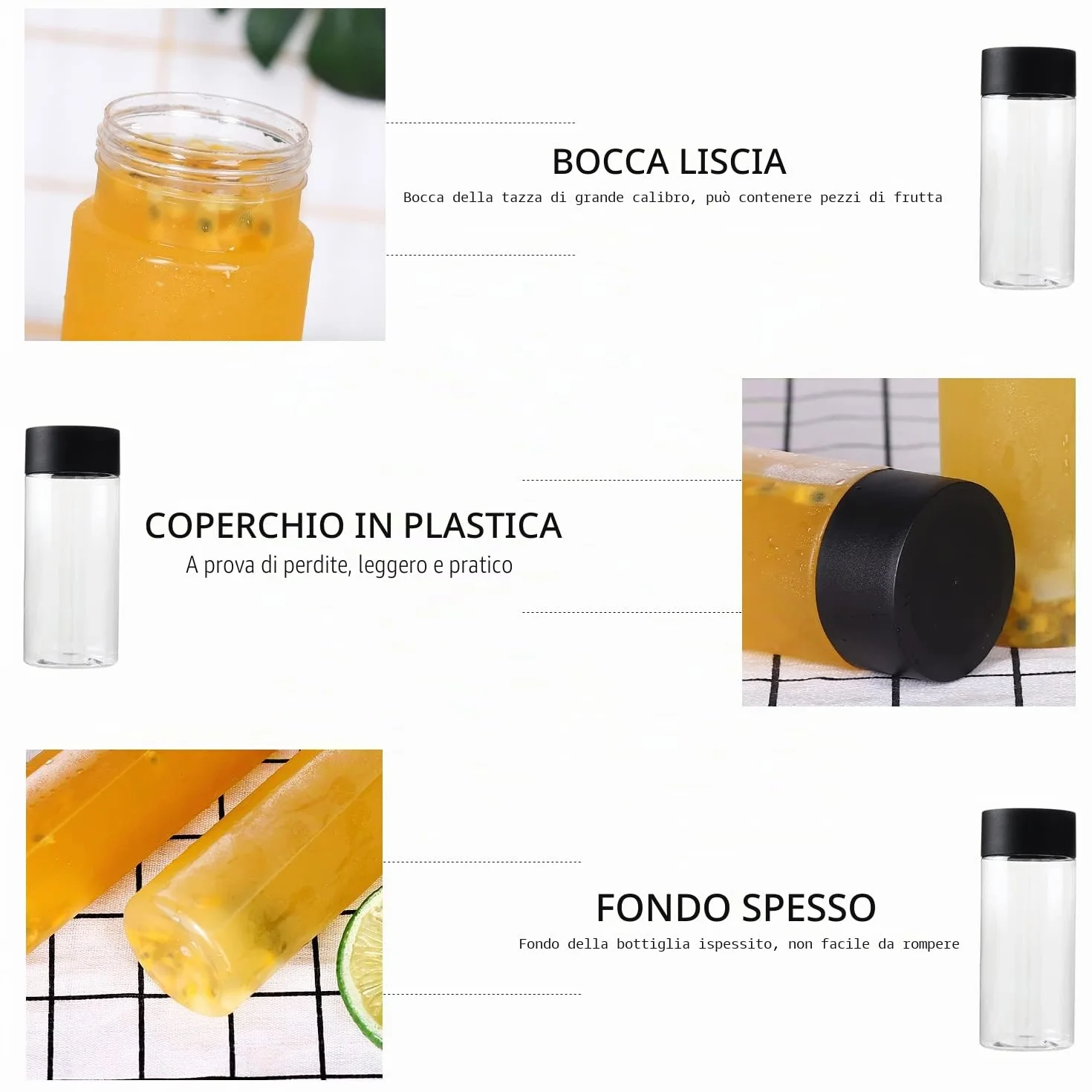 Pacchetto di 4 Bottiglie di Plastica con Etichetta di Frutta, Tappi e Contenitori Trasparenti - Ideali per Succo, Latte e Bevande Fatte in Casa