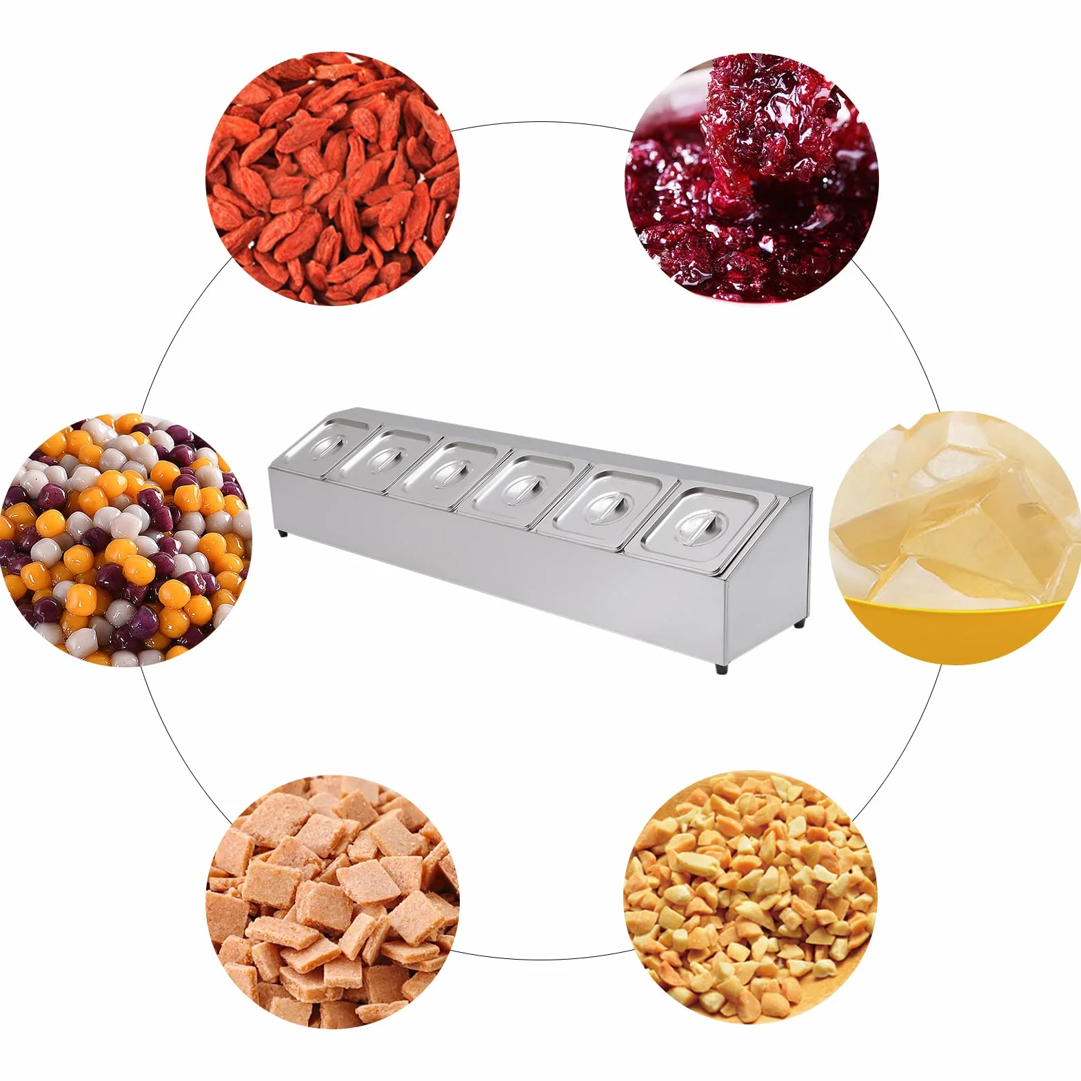 Contenitore per ingredienti in acciaio inox, contenitore con 6 contenitori, capacità per contenitore: 2 l, piedini in gomma antiscivolo, coperchio per ristoranti, negozi di tè al latte