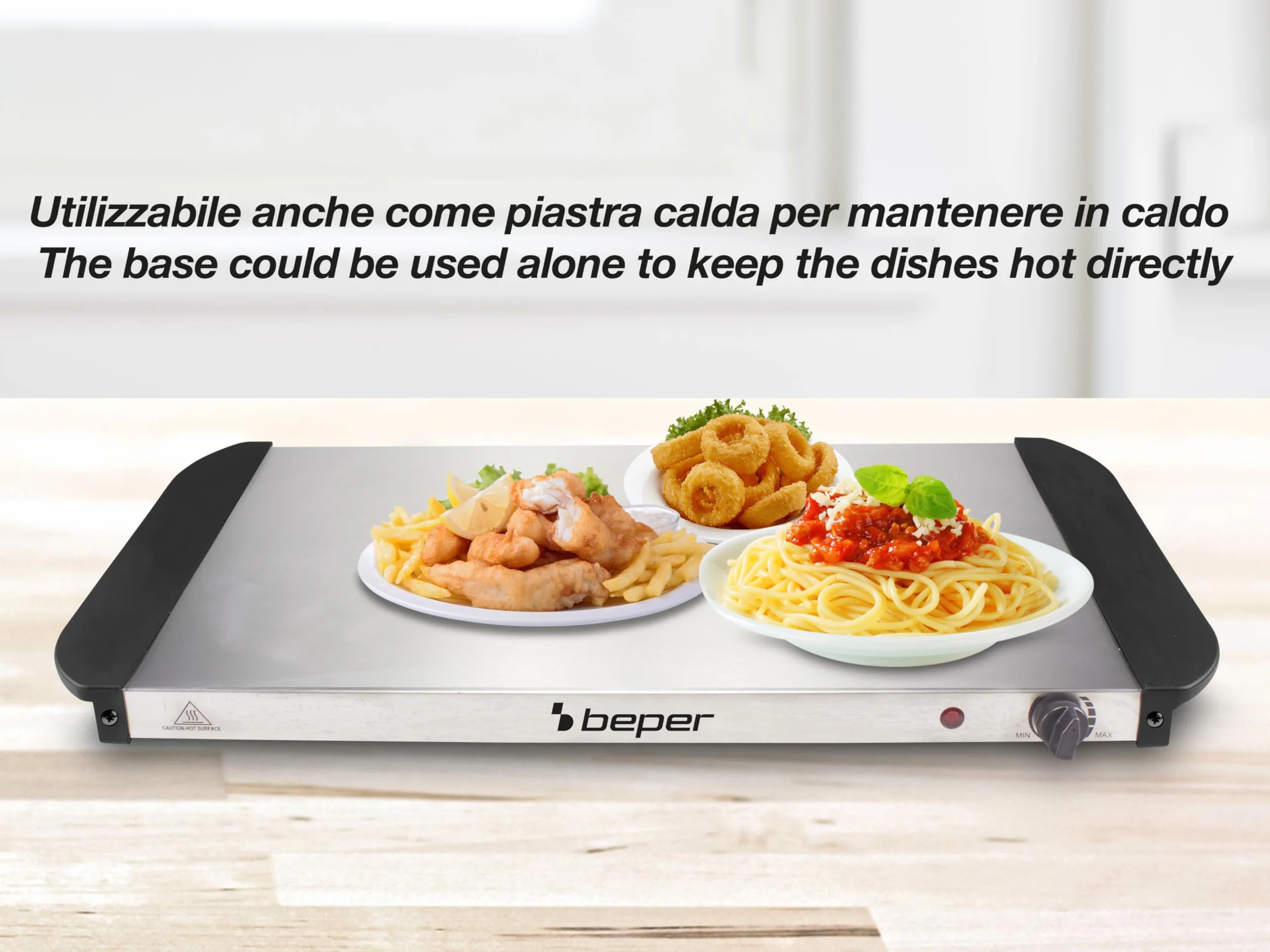 BEPER P101TEM002 Scaldavivande da Buffet, Mantenitore di Calore per Pietanze, 4 Vassoi Rimovibili + Base Piastra Calda, Termostato Regolabile e Maniglie Termoisolanti, Ideale per feste ed eventi