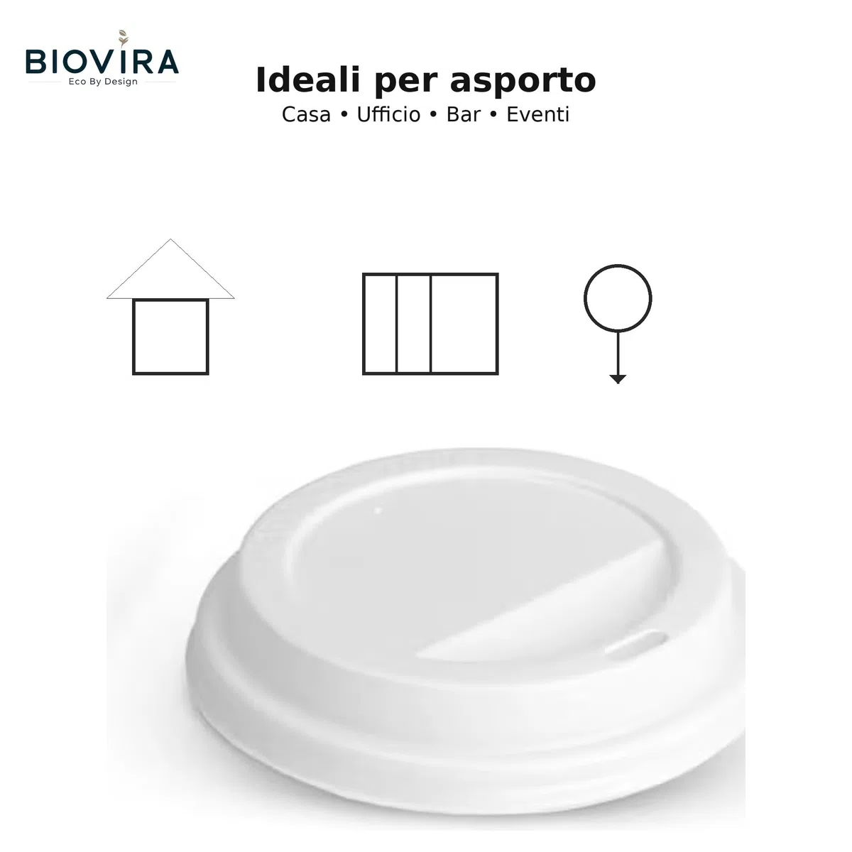 BIOVIRA Coperchi Bianchi con Beccuccio per Bicchieri 200ml/7oz Ø73mm Foro Bevuta, 50 Pezzi per Asporto Caffè e Tè