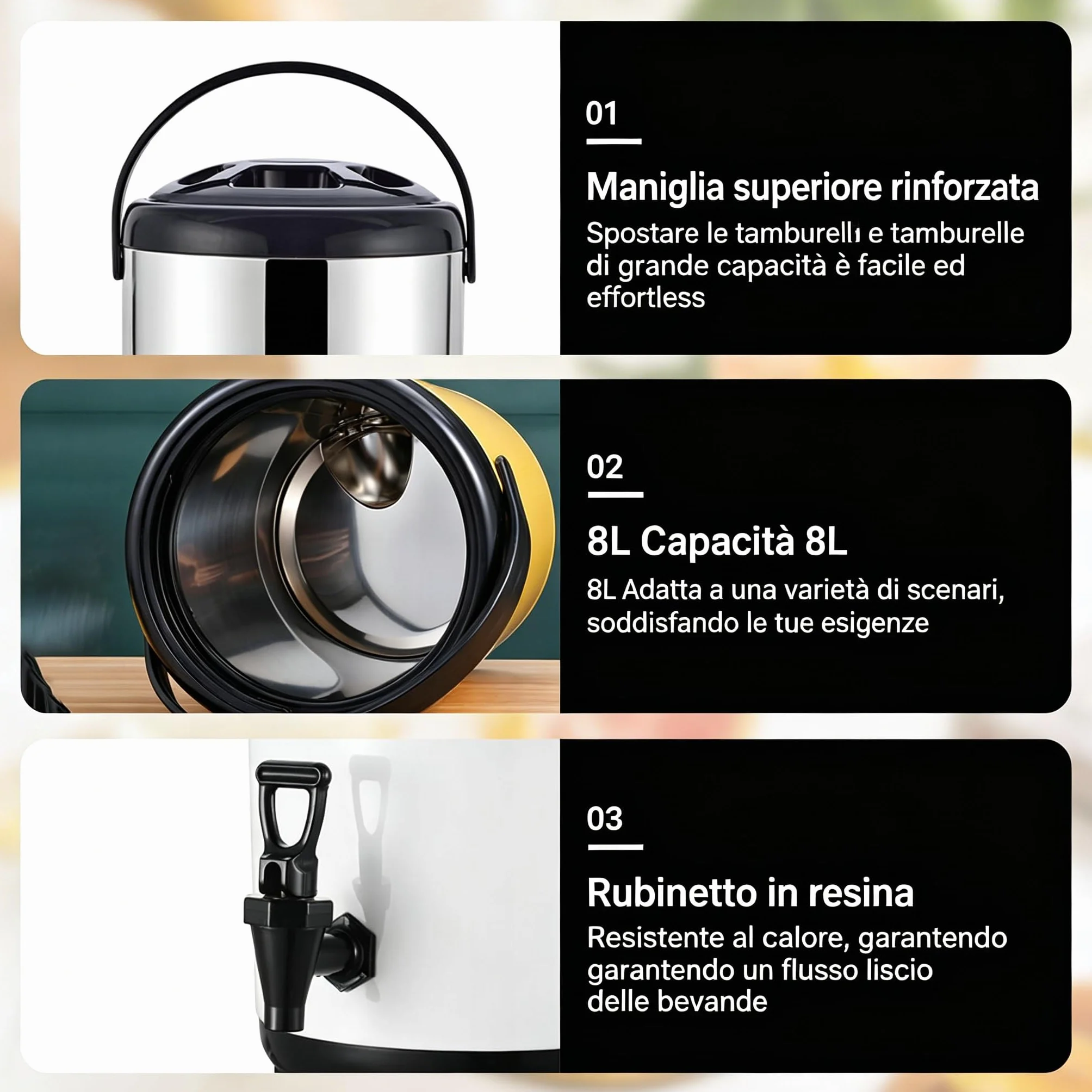 Distributore Di Bevande In Acciaio Inossidabile, Secchio Isolato 8L Per Bevande Calde E Fredde Con Rubinetto Per Tè Al Latte