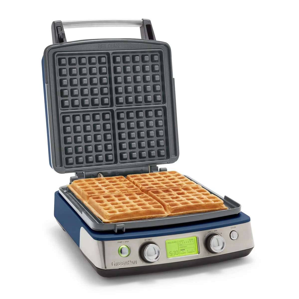 GreenPan Elite - Piastra per waffle belga e classica 4 quadrati, ceramica sana, antiaderente, in alluminio, lavabile in lavastoviglie, controlli ombra regolabili/scricchiolii, non traboccante,