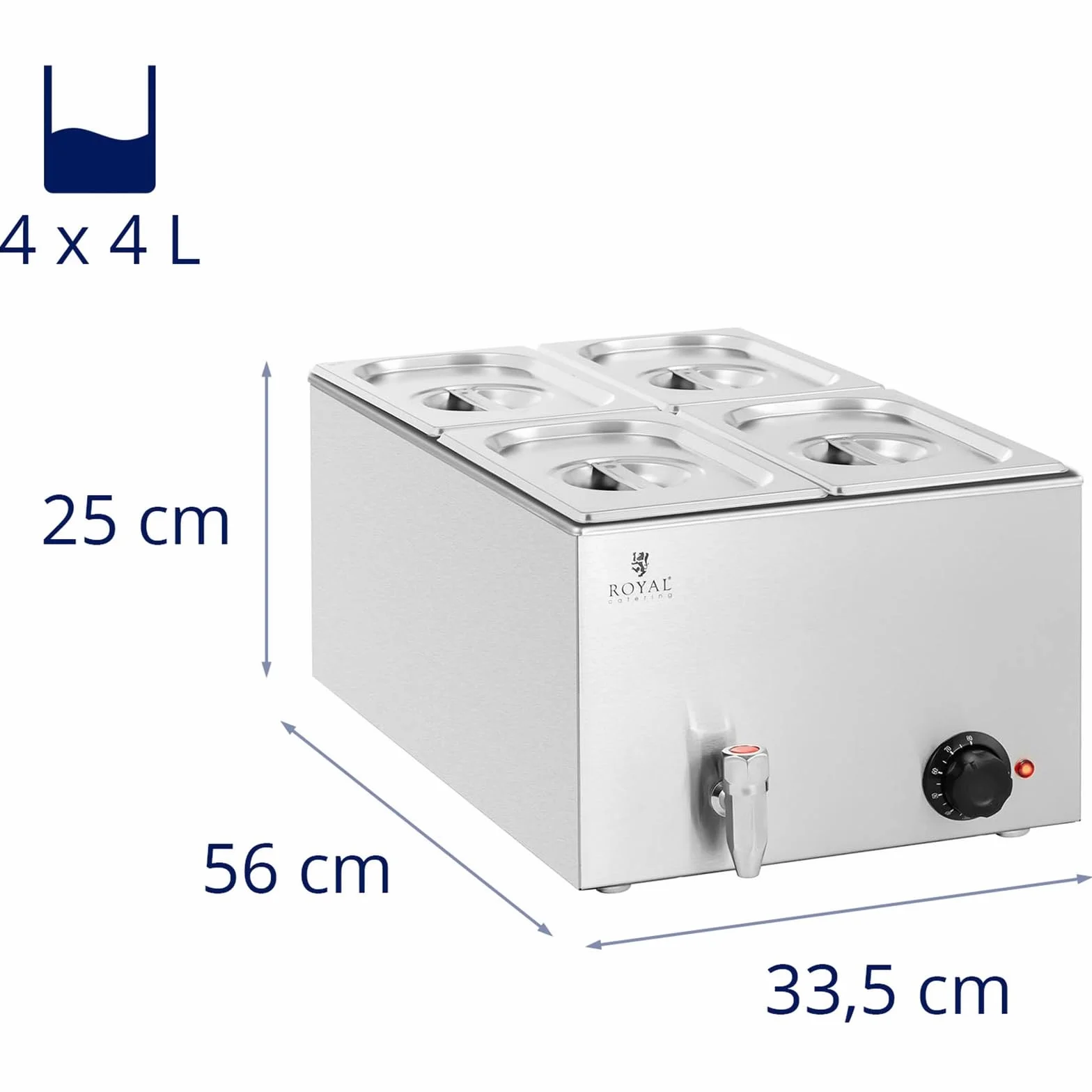 Royal Catering RCBM_GN1/4 Bain Marie 600 W 4 GN 1/4 rubinetto di scarico per bagnomaria scaldavivande