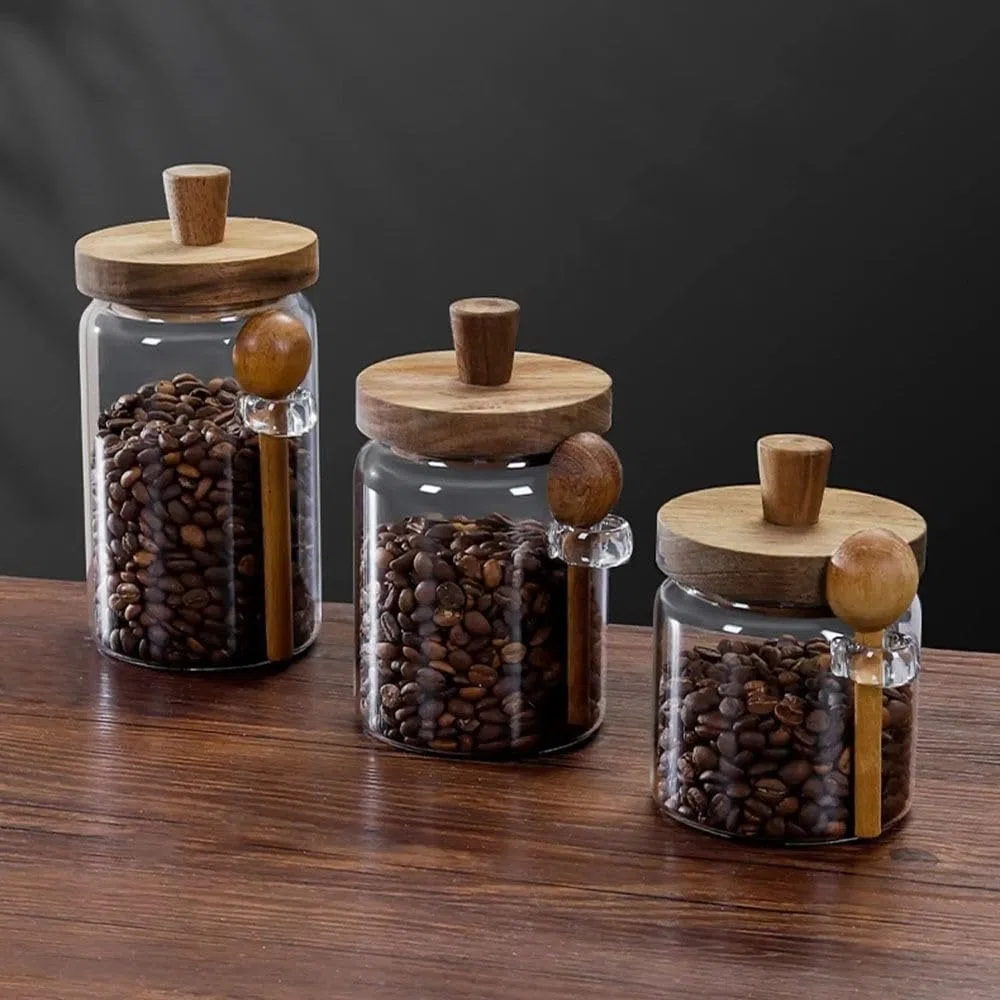 Barattoli in vetro con coperchio in legno e cucchiaio, contenitori per alimenti, barattoli per spezie, tè, caffè, zucchero, organizer da cucina (400 ml)