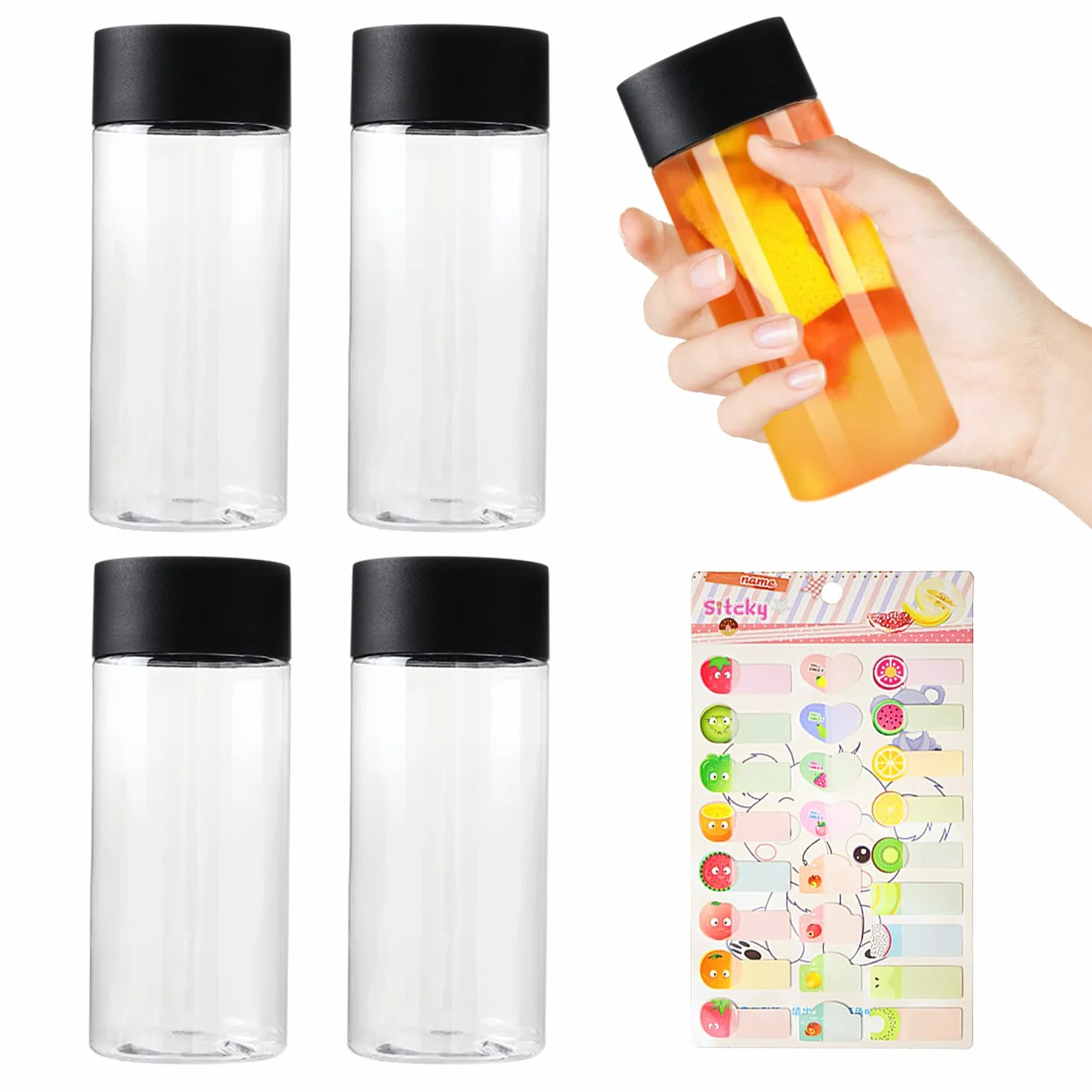 Pacchetto di 4 Bottiglie di Plastica con Etichetta di Frutta, Tappi e Contenitori Trasparenti - Ideali per Succo, Latte e Bevande Fatte in Casa