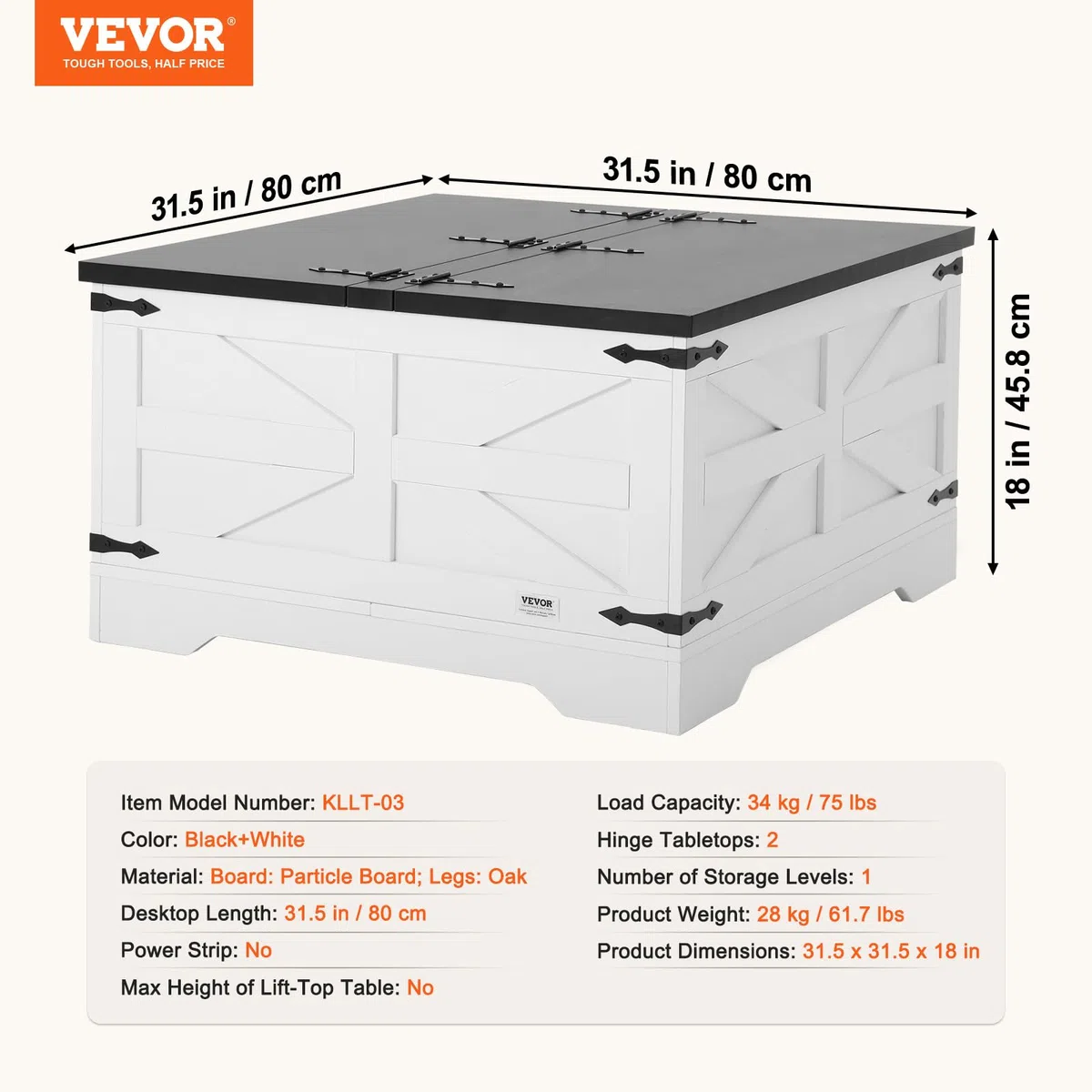 VEVOR Tavolino da Caffè da Fattoria 800 mm Tavolino Quadrato Incernierato con Ampio Vano Portaoggetti, Tavolo da Cocktail Rustico in Legno per Soggiorno, Camera da Letto, Appartamento, Grigio e Bianco