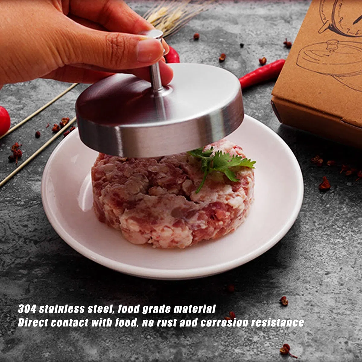 Pressa per hamburger in acciaio inox di qualità alimentare con rivestimento antiaderente Patty Presse con manico regolabile