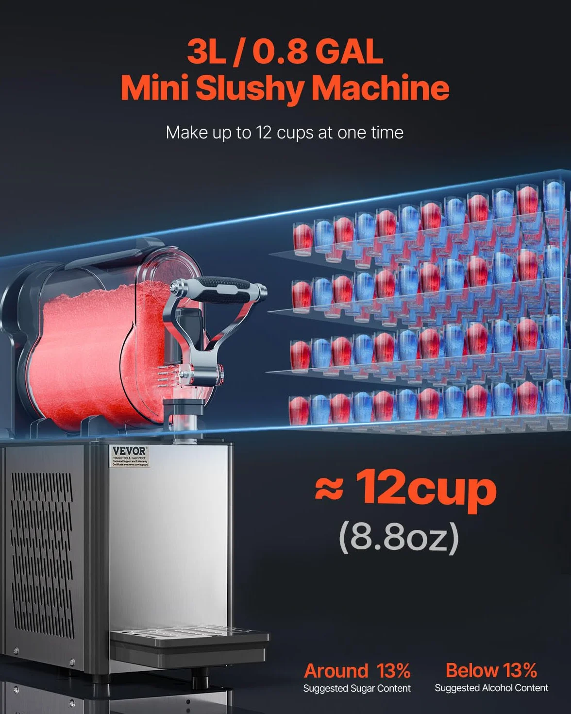 VEVOR Macchina per Bevande Ghiacciate Fredde Commerciale, Macchina per Bevande Ghiacciate Serbatoio Singolo 3 Litri, Macchina per Frullati in Acciaio Inox, Macchina per Bevande Fredde Bar Hotel