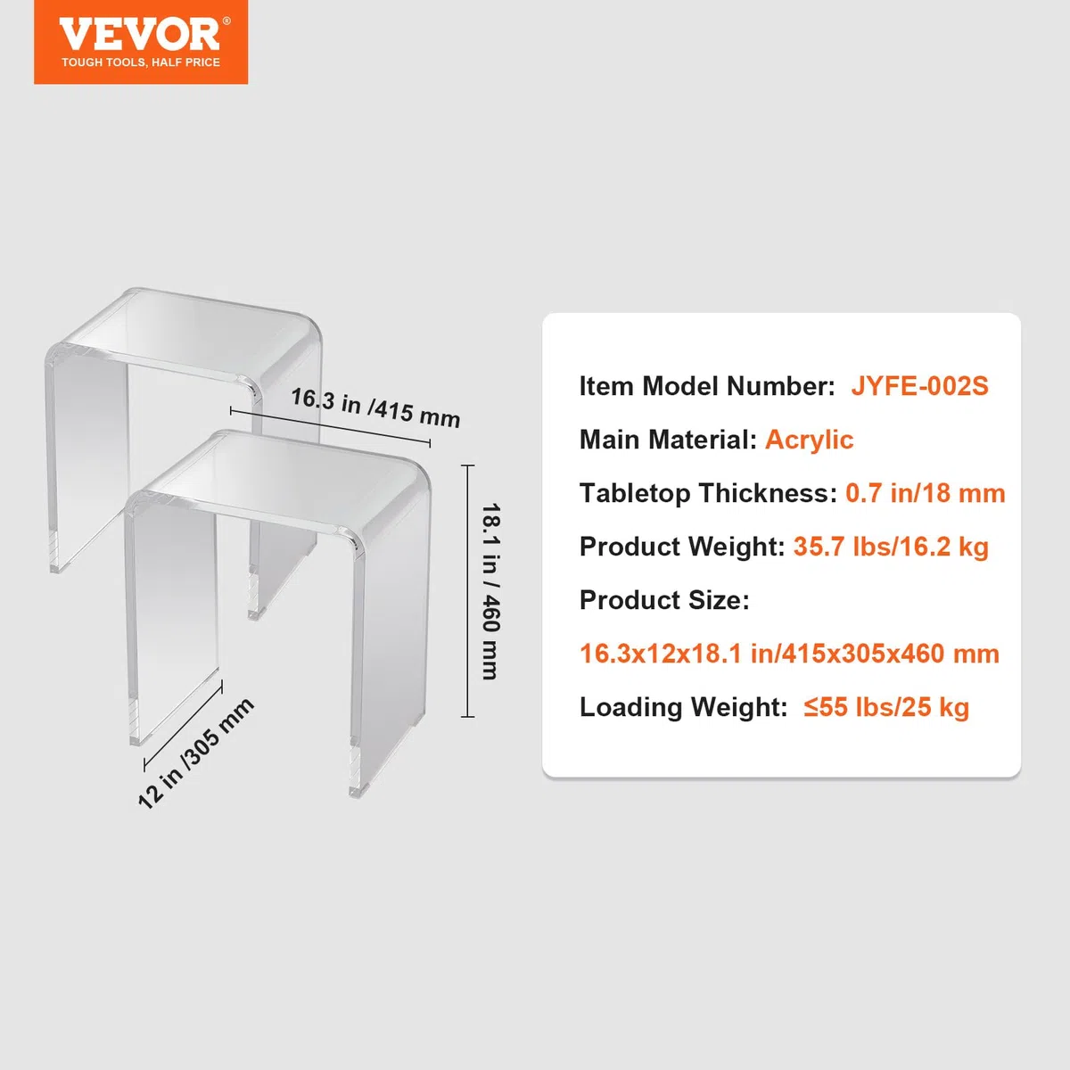 VEVOR Set di Tavolino da Salotto 2 Pezzi 415x305x460 mm Tavolino da Soggiorno Acrilico Carico max. 25 kg per Salotto Tavolino da Caffè Camera da Letto Balcone, Tavolino Caffè Trasparente Basso 2 Pezzi