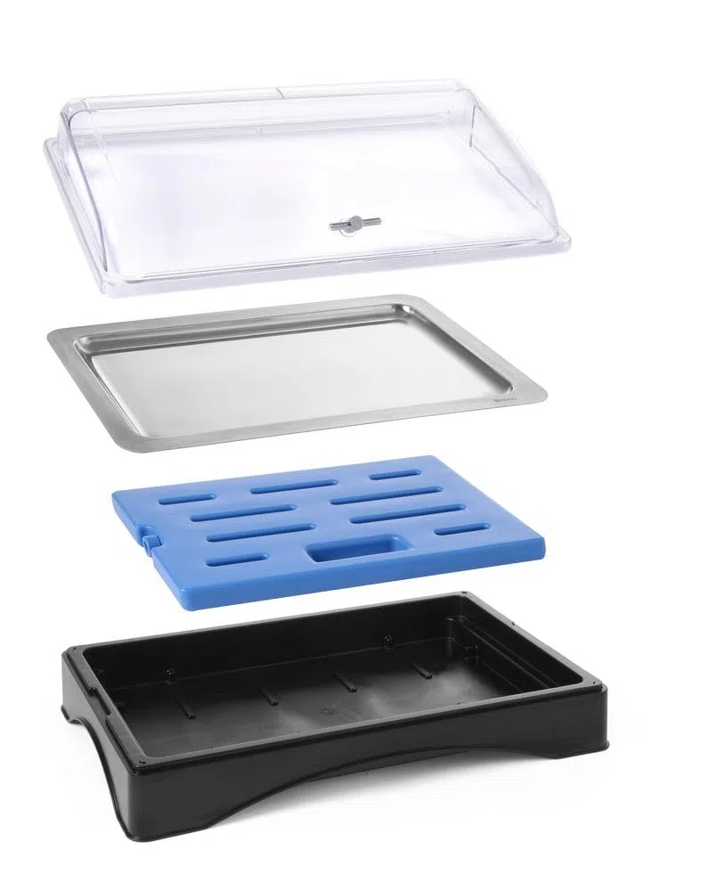 HENDI Vetrina Espositiva Refrigerata, Display per Buffet, Set Espositore di Raffreddamento con Vassoio GN 1/1, Coperchio Trasparente ed Elemento Refrigerante, 555x357x(h)175 mm, ABS, PC, Inox