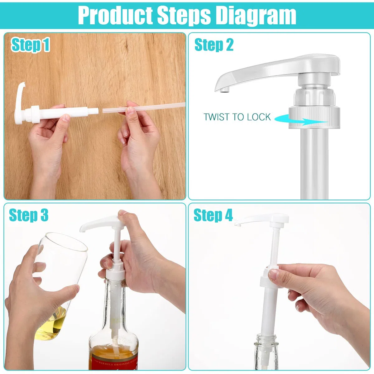 4 Pezzi Dispenser a Pompa per Sciroppo, Dispenser Di Sciroppo Per Drink Succhi, Dispenser a Pompa, per Bottiglie da 500 ml a 1000 ml, Viene Fornito con 4 Tubi Lunghi e 4 Tubi Corti