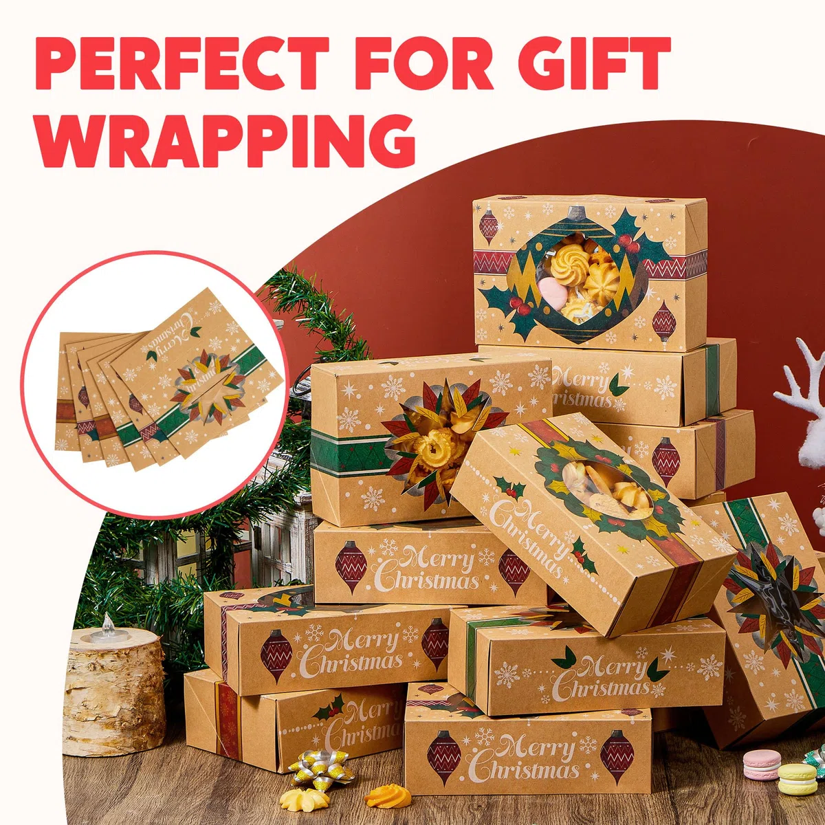 JOYIN 24 Scatole di biscotti natalizi kraft kraft con finestra 8,5 "x 5,75" x 2,75 ", tratta scatole con 3 disegni per pasticcini, cupcakes, brownies, regalo, ciambella e biscotti