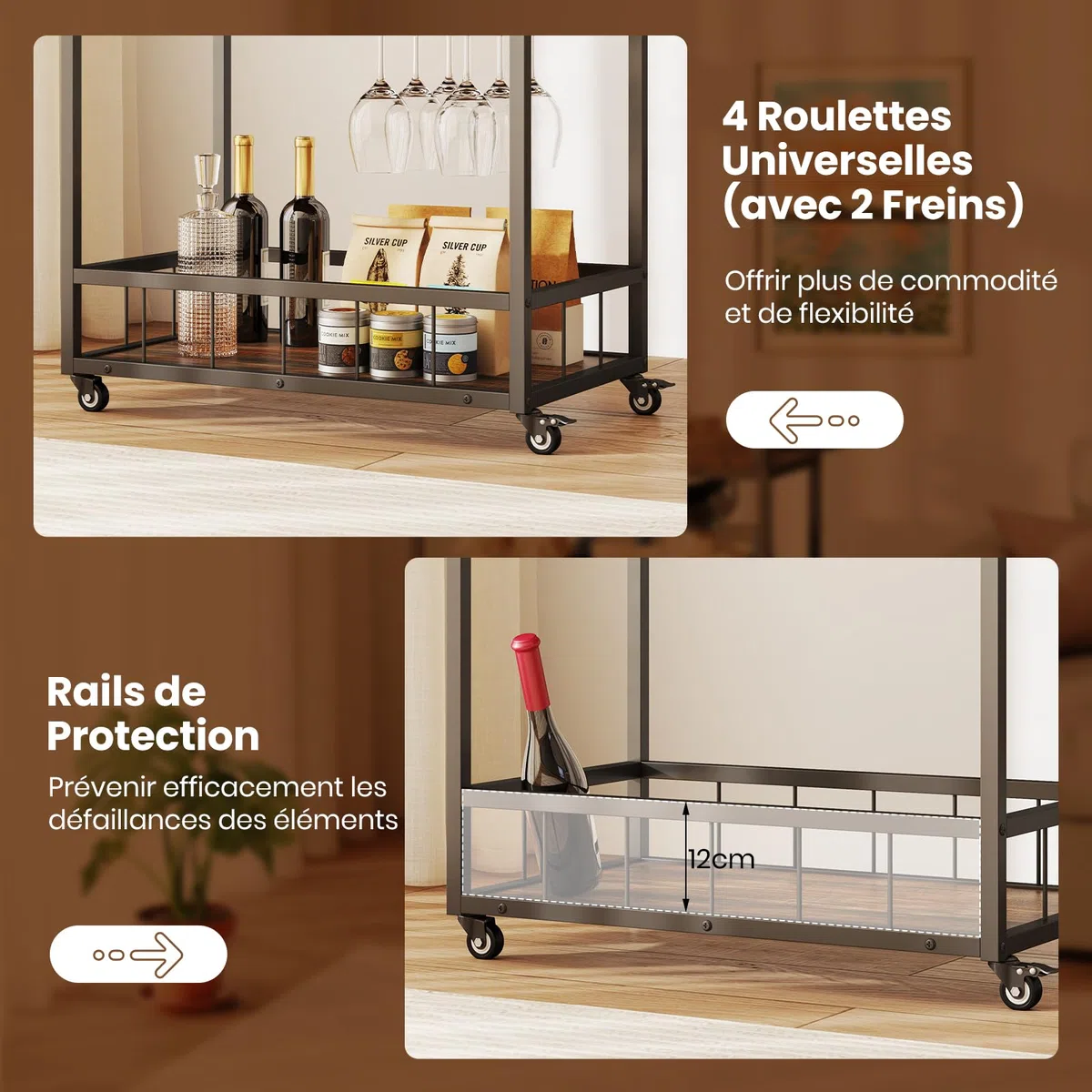 GIANTEX Carrello Bar con Ruote Bloccabili, 3 Livelli, Vassoio Rimovibile, Armadietto per Vino e Portabicchieri, 84x40x90 cm, Marrone