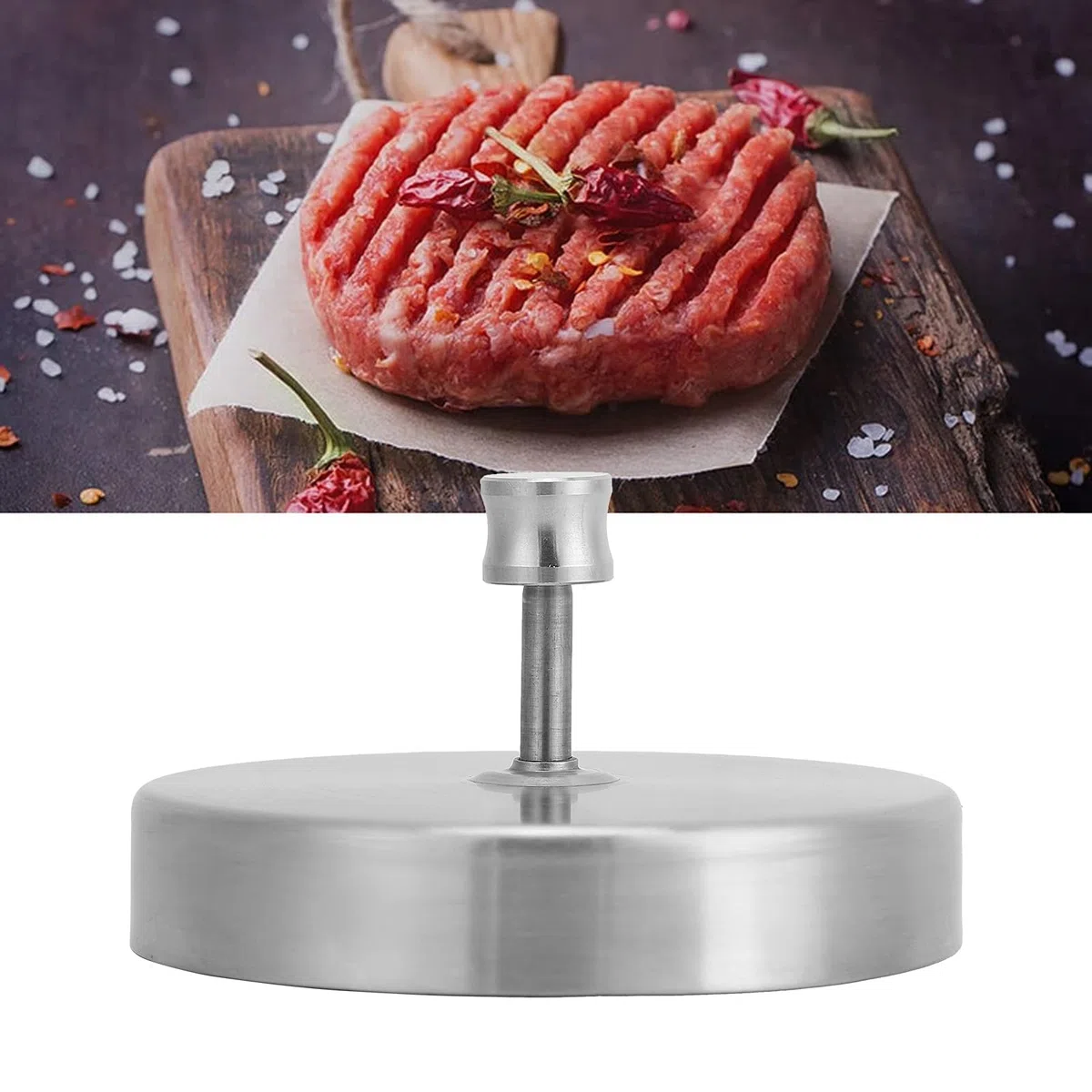 Pressa per hamburger in acciaio inox di qualità alimentare con rivestimento antiaderente Patty Presse con manico regolabile
