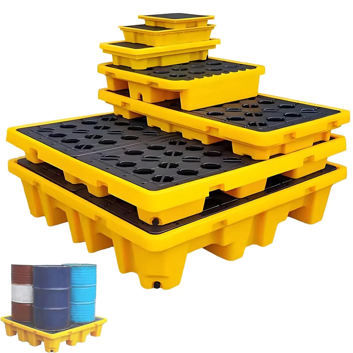 GAOXIAO Vasca di Raccolta Impilabile Gialla e Nera, Fusti Piattaforma di Contenimento Anti-Sversamento con Griglia, Pallet a Piattaforma Modulare Vassoio Antiperdita 120x60x10cm