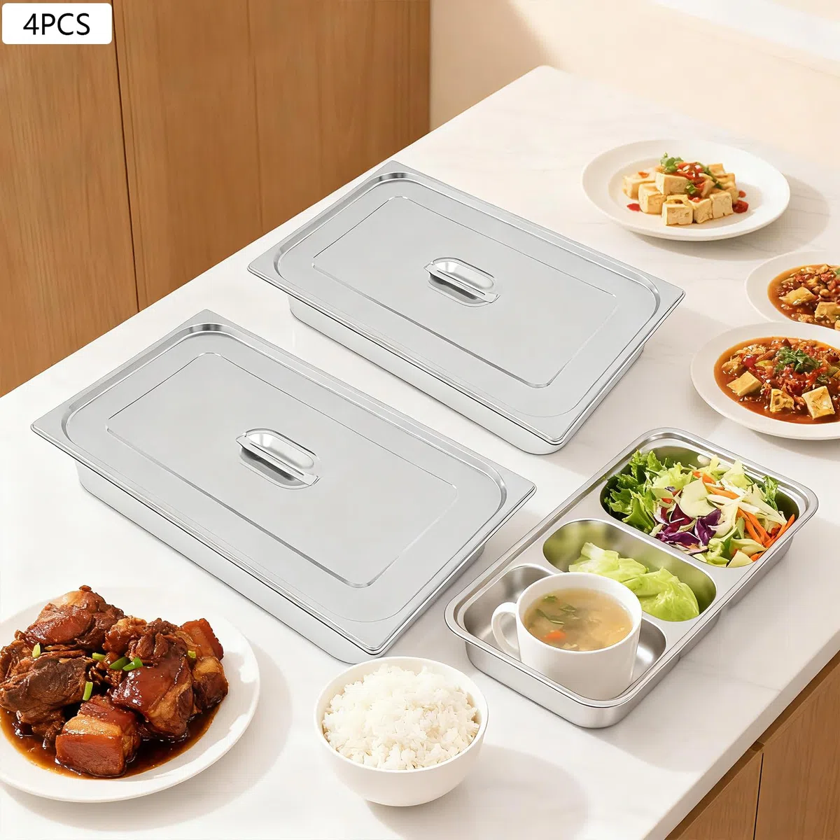 Set di 4 vassoi per alimenti GN 1/2 in acciaio inox 7,5 l, 32,5 x 26,5 x 10 cm, piatto da cucina profondo per buffet, ristorante, cantina