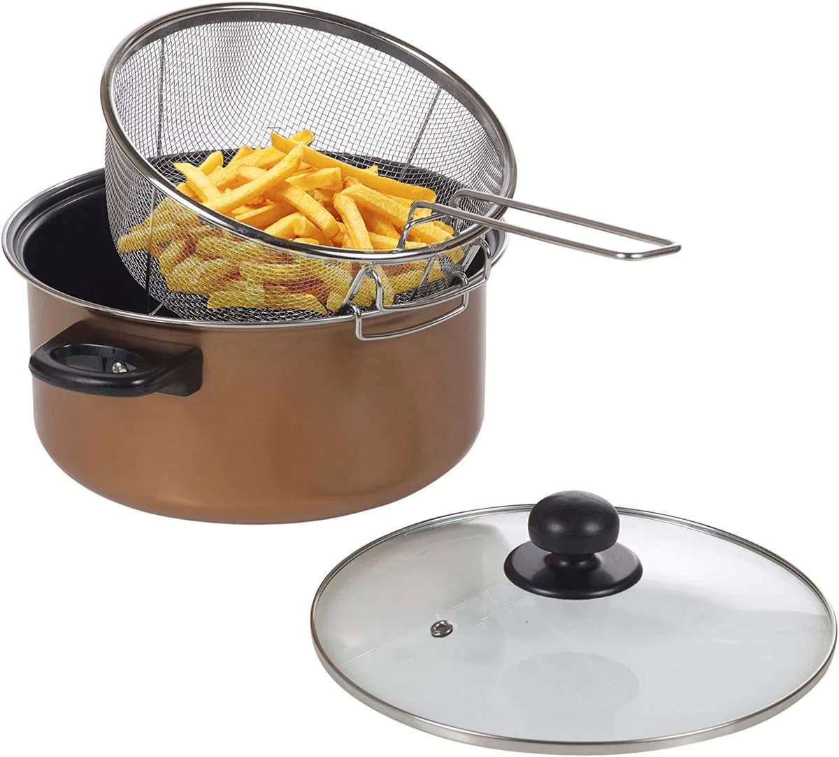 Cestello Tondo, Cesto per friggitrice, friggere fritture passino da Cucina in Acciaio, con Manico Pieghevole e griglia,Diametro 23cm Accessori per Cibo Fritto