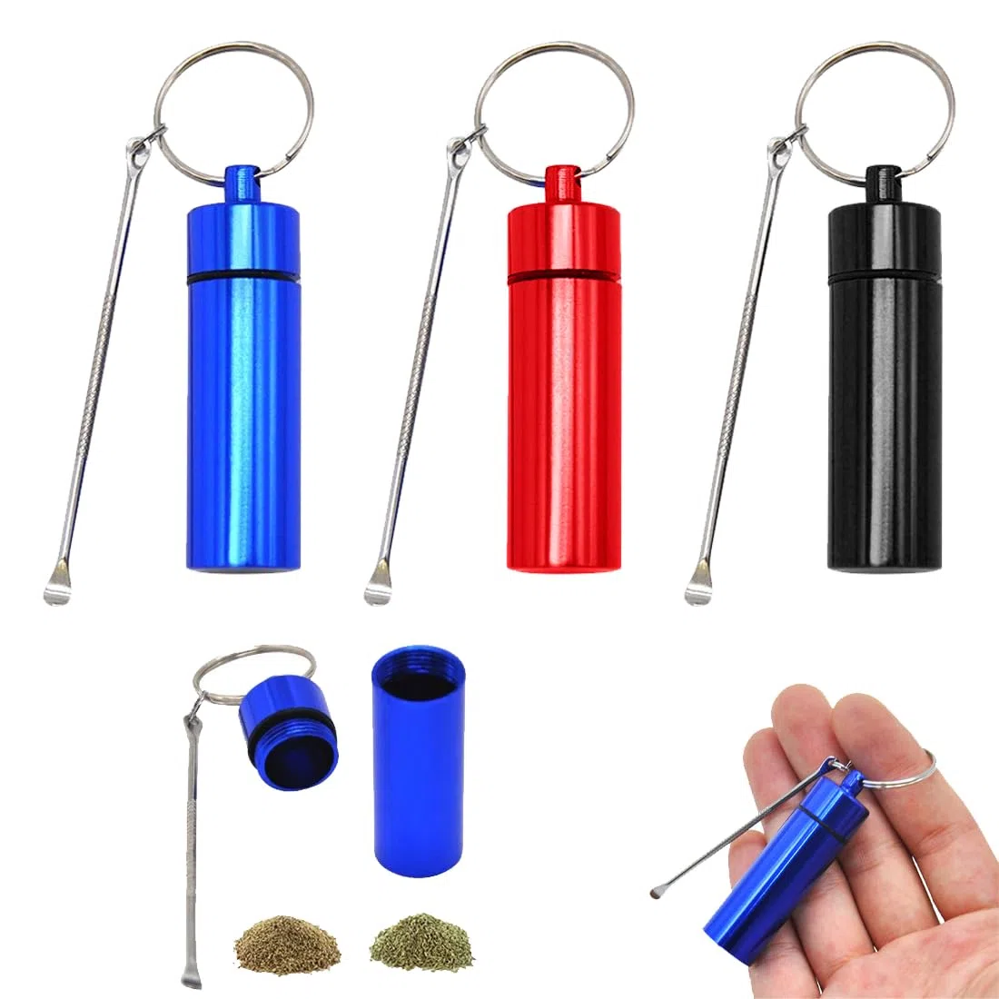 3 Pezzi Contenitore Per Pescare Con Cucchiaio Sniffare,55Mm Biberon Con Cucchiaio Telescopico, Scatola Di Metallo Con Cucchiaio Telescopico,Dispenser(Nero/Rosso/Blu)