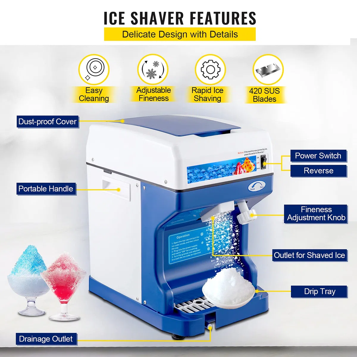 VEVOR Macchina per Ghiaccio 120kg/H da Tavolo per Granita Frappè Sorbetto Commerciale, Macchina Ghiaccio a Scaglie Bevande Dolci Fresche 250W per Bar Gelateria Ristorante Panificio