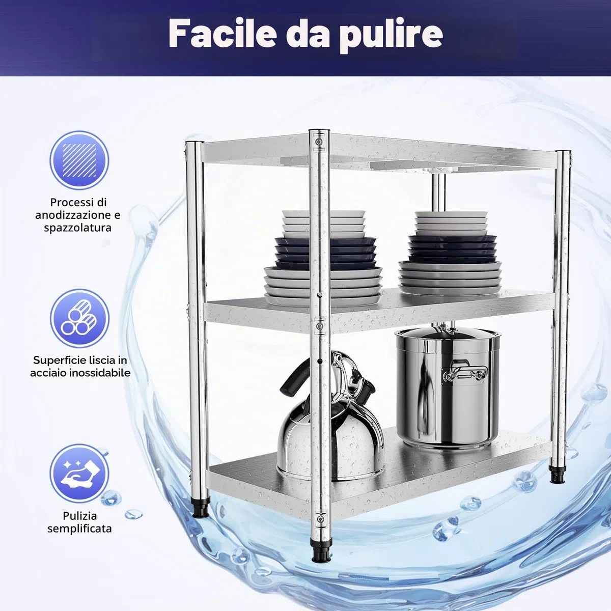 Tavolo da cucina in acciaio inox, 80 x 80 x 40 cm, tavolo da cucina in acciaio inox, per carichi pesanti, 3 ripiani, per gastronomia, 50 kg, per dispense, ristoranti, cucine, grandi cucine