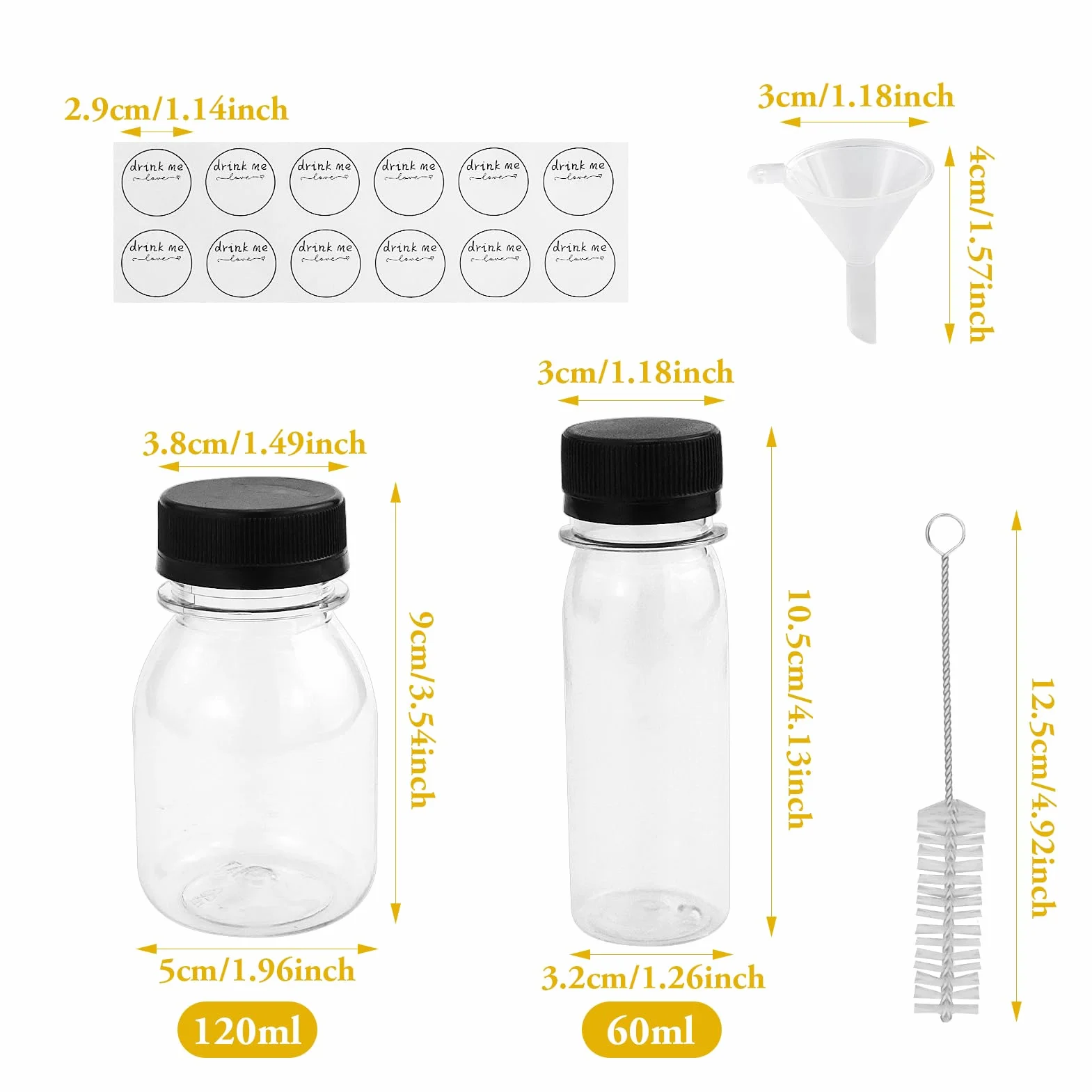 Bottiglie di succo in plastica con tappi, 12 pezzi, contenitori riutilizzabili per succhi da 60/120 ml, con coperchio a prova di manomissione, nero, trasparenti, per succhi di frutta, latte, frullati
