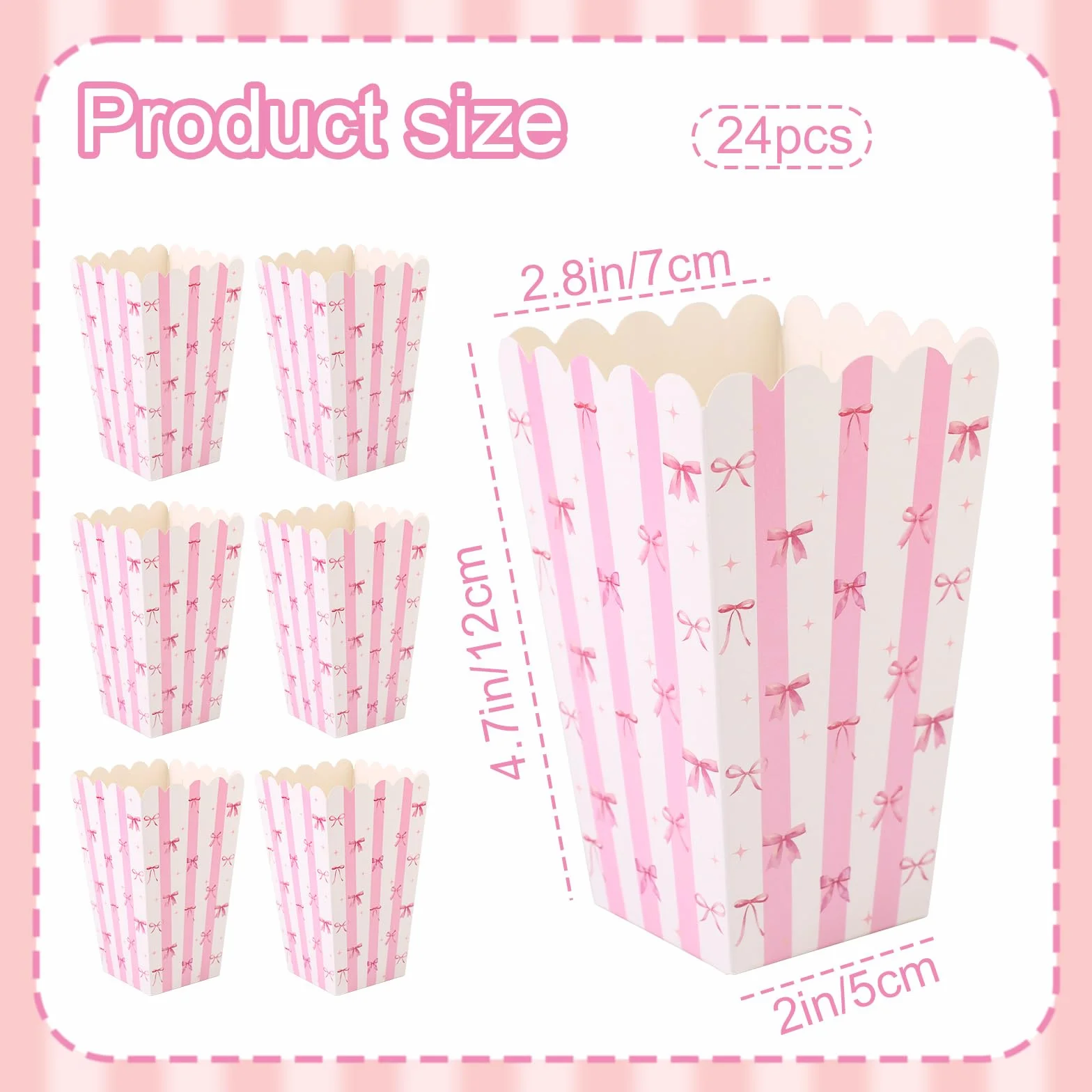 BOXOB 24 Scatole per Popcorn con Fiocco Rosa, Piccole Scatole Snack Biscotti e Caramelle Contenitori Popcorn per Feste di Compleanno Bambini Bambine (Bianco Rosa)