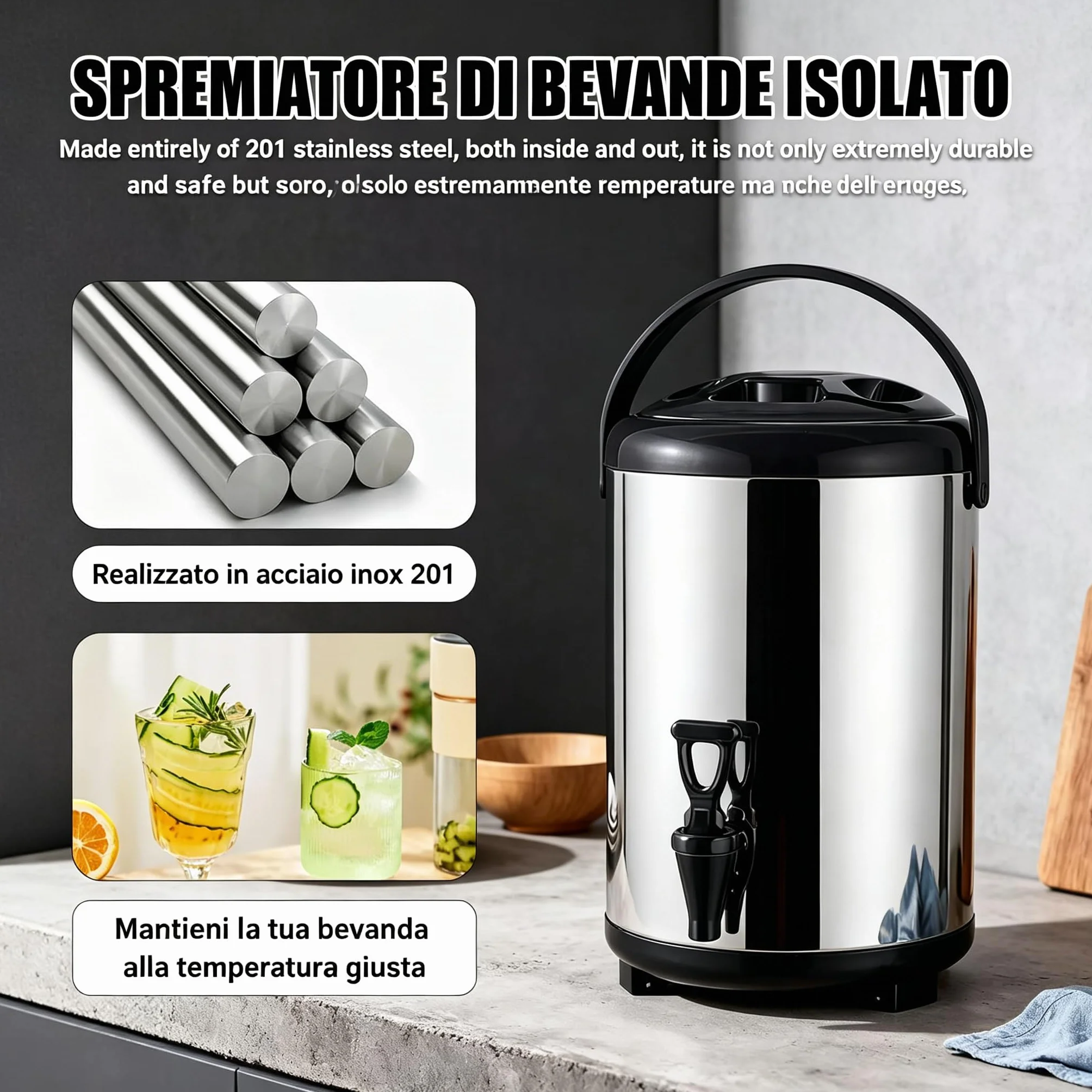 Distributore Di Bevande In Acciaio Inossidabile, Secchio Isolato 8L Per Bevande Calde E Fredde Con Rubinetto Per Tè Al Latte