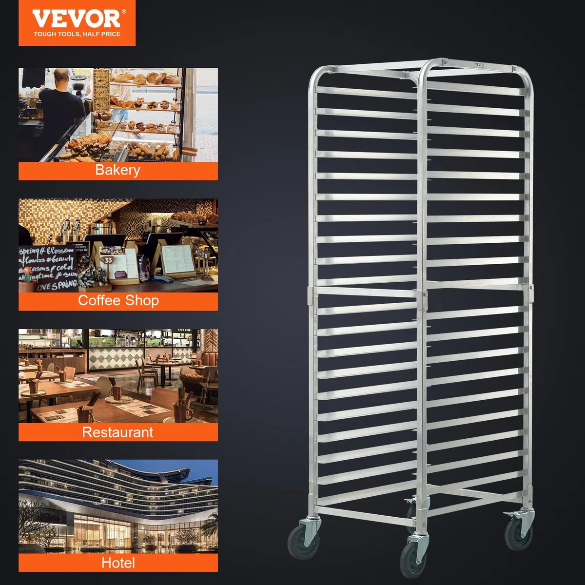 VEVOR Portateglie per panini, Scaffale per panetteria commerciale a 20 livelli con ruote con freno, Carrello in alluminio, Rastrelliera rapida per cucina domestica, 26"x20,4"x70"