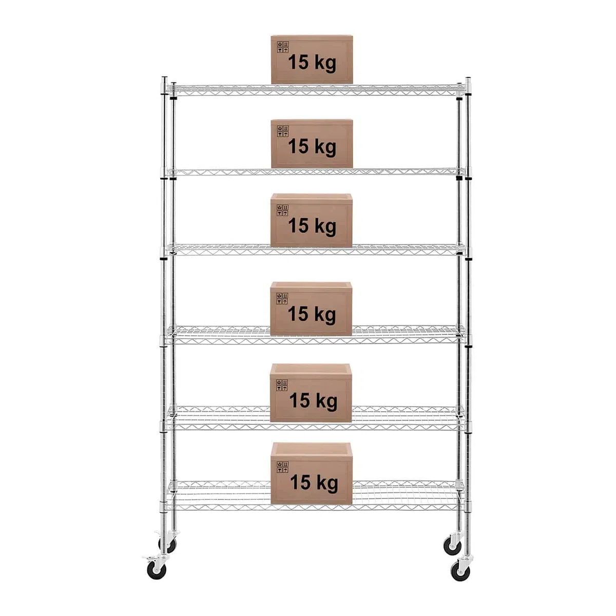 Royal Catering Scaffale su ruote, 120 x 45 x 190 cm, 6 ripiani (119,5 x 44,8 cm), 90 kg, 4 ruote (3''), in acciaio al carbonio, montaggio senza attrezzi, in metallo