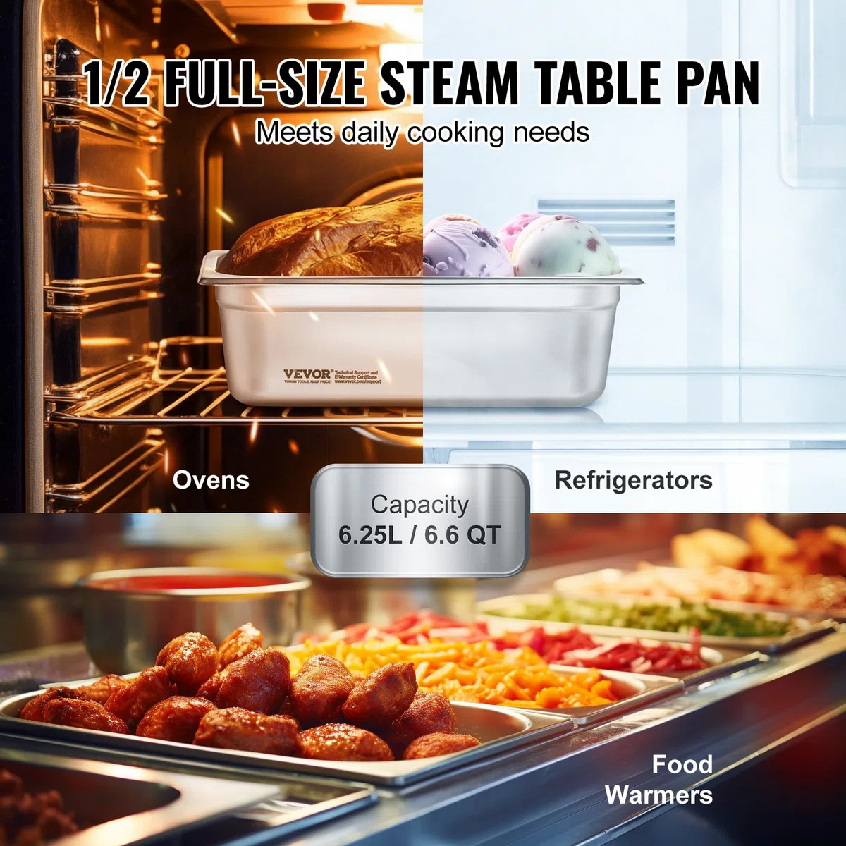 VEVOR Pentola a Vapore Anti-inceppamento 326 x 266 x 102 mm Padella da Tavolo a Vapore in Acciaio Inossidabile con Coperchio, Confezione da 8, Spessa 0,8 mm per Ristorazione, per Uso Industriale