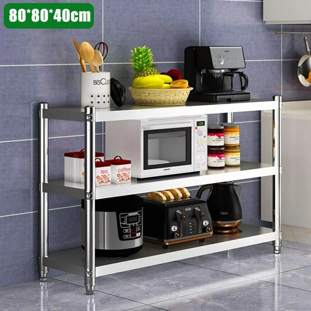 Tavolo da cucina in acciaio inox, 80 x 80 x 40 cm, 3 ripiani, per dispense, ristoranti, cucine, grandi cucine, carico 50 kg