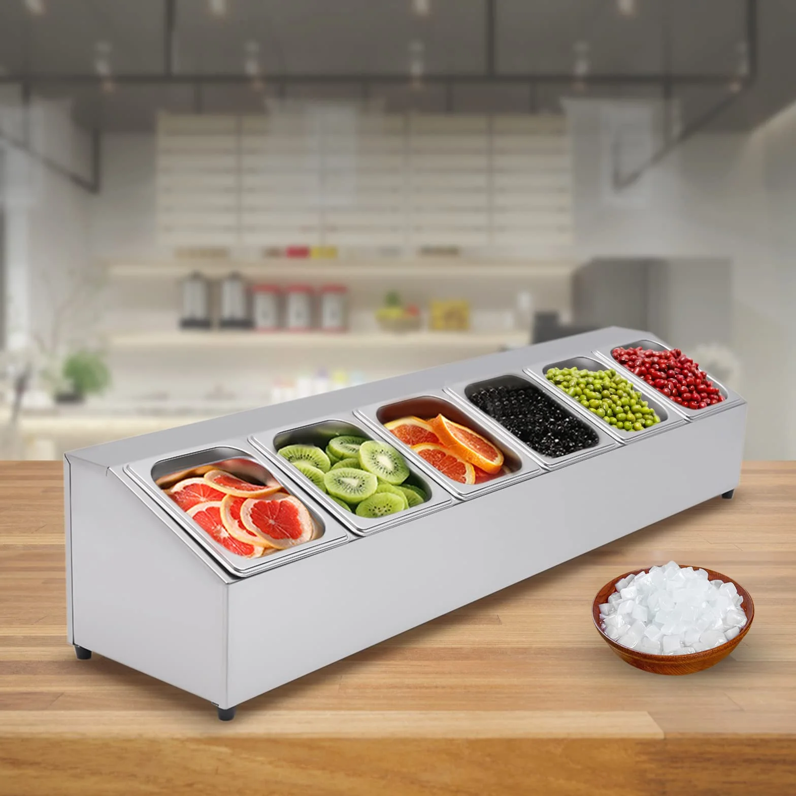 Contenitore per ingredienti in acciaio inox, contenitore con 6 contenitori, capacità per contenitore: 2 l, piedini in gomma antiscivolo, coperchio per ristoranti, negozi di tè al latte