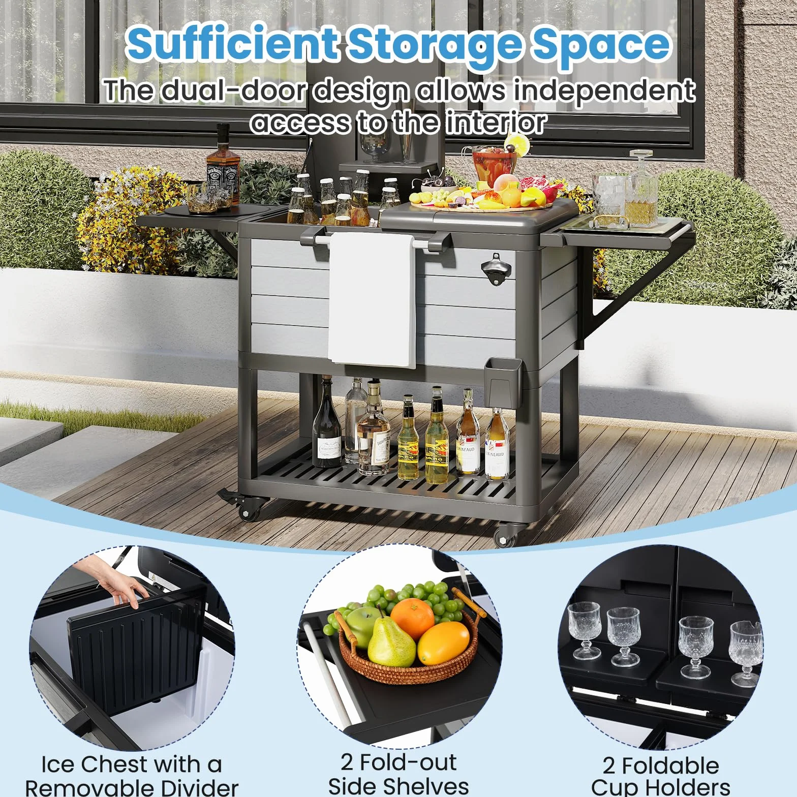 SOARS Glaciera a Rotelle 91 L, Bar Esterno Mobile 83 x 50 x 85 cm, con Separatore Rimovibile, 2 Ripiani Laterali Pieghevoli, 4 Ruote Universali, per Giardino, Terrazza, Piscina