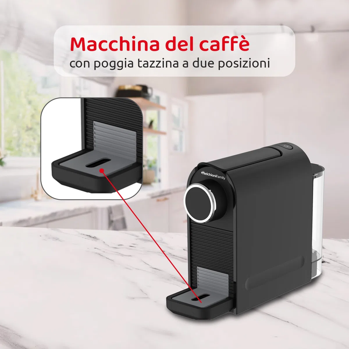 Melchioni Family | Macchina Caffè Amabile Compatibile Capsule Nespresso con Pompa 20 Bar, 2 Pulsanti Espresso Lungo e Corto, Serbatoio 0,5L, Design Compatto con Poggia Tazzina Regolabile, 1400W