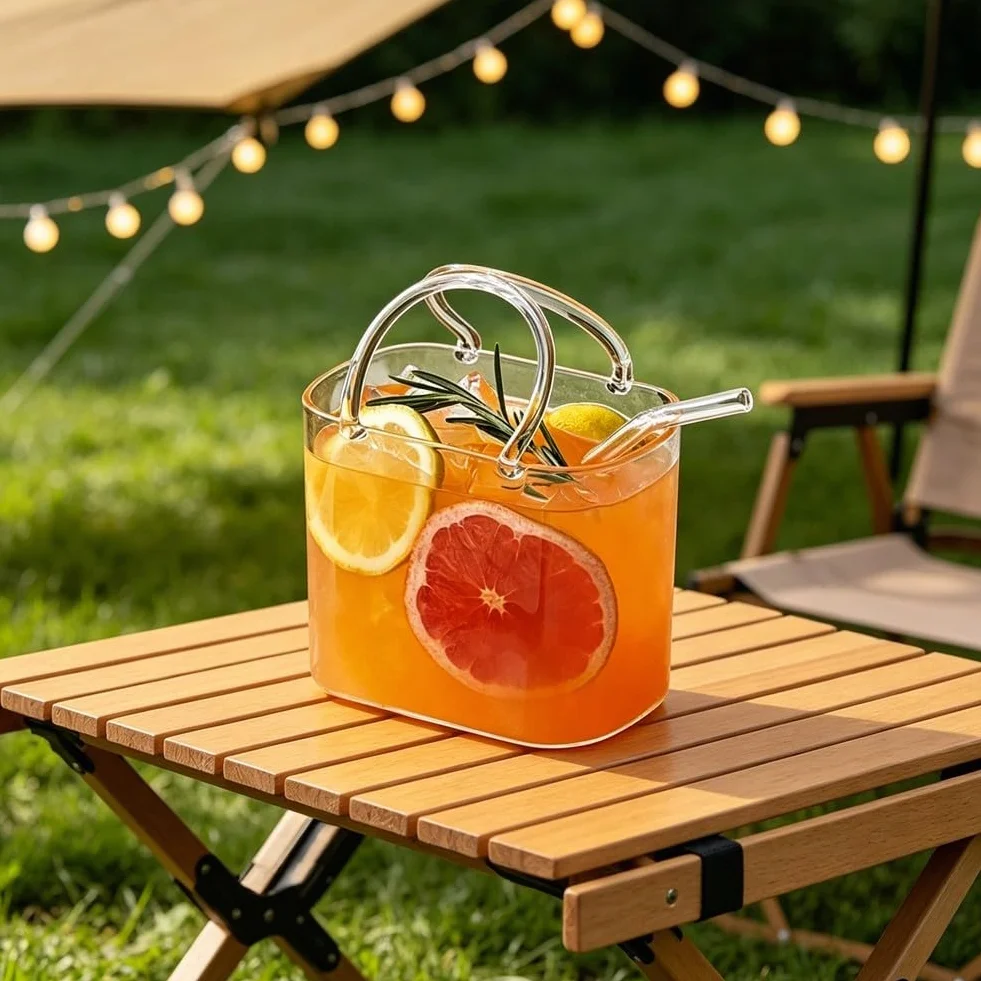 BlissfulAbode Portabevande in vetro a forma di borsa chic trasparente con manico, doppio uso, server per bevande, per cocktail, succhi di frutta, bibite, fiori, decorazione da tavolo alla per moda