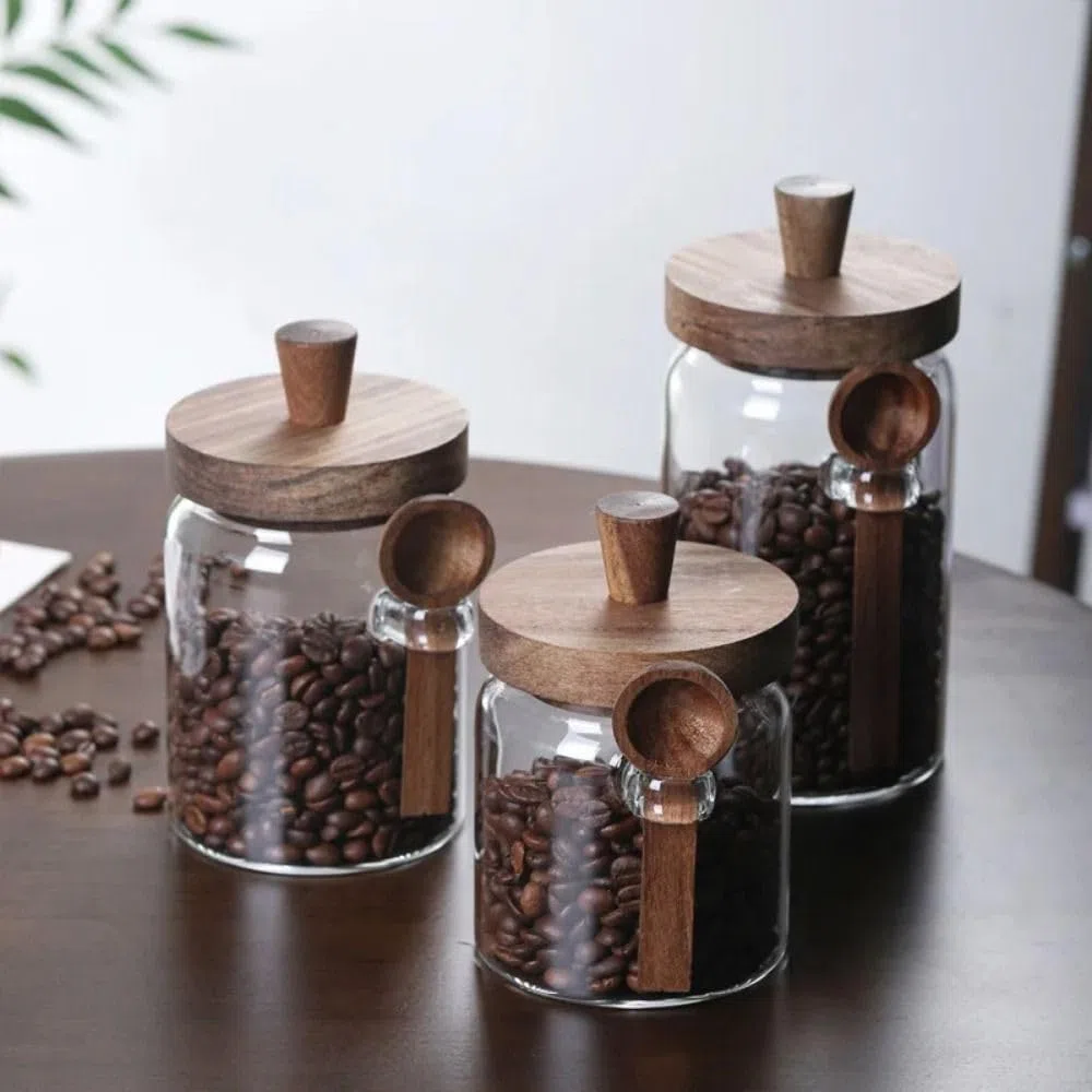 Barattoli in vetro con coperchio in legno e cucchiaio, contenitori per alimenti, barattoli per spezie, tè, caffè, zucchero, organizer da cucina (400 ml)