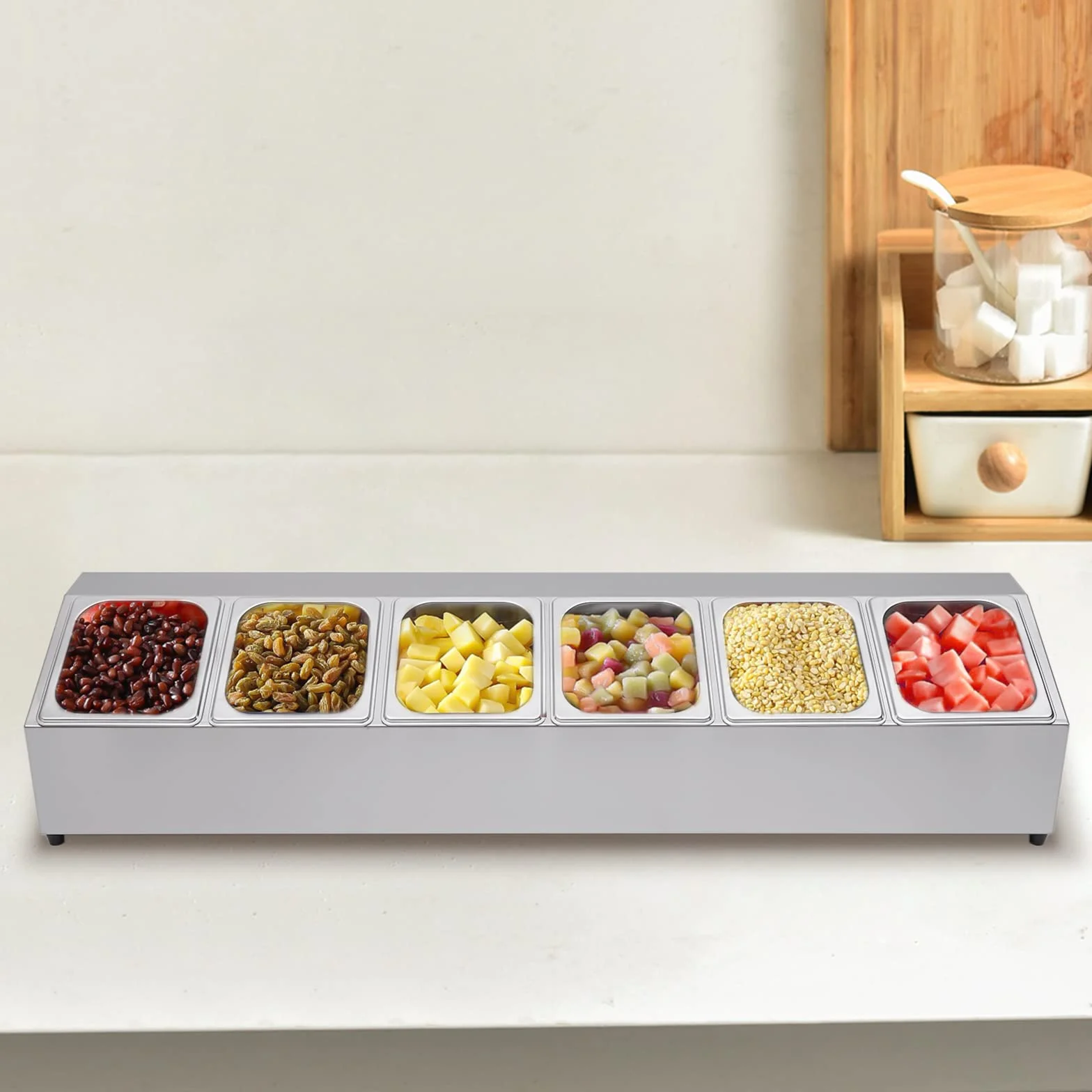 Contenitore per ingredienti in acciaio inox, contenitore con 6 contenitori, capacità per contenitore: 2 l, piedini in gomma antiscivolo, coperchio per ristoranti, negozi di tè al latte