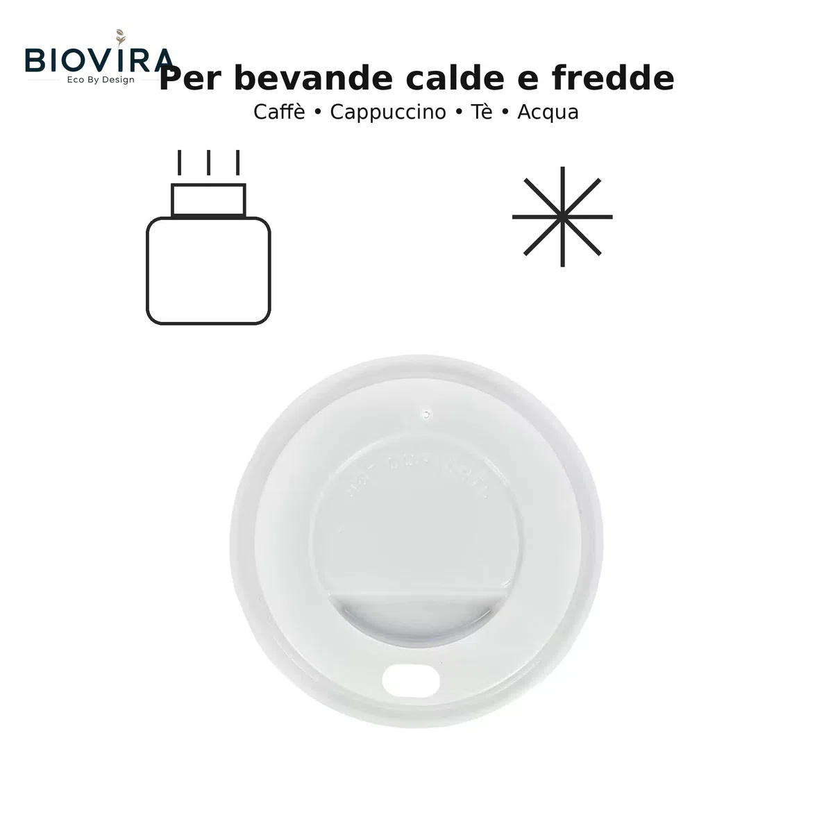 BIOVIRA Coperchi Bianchi con Beccuccio per Bicchieri 200ml/7oz Ø73mm Foro Bevuta, 50 Pezzi per Asporto Caffè e Tè
