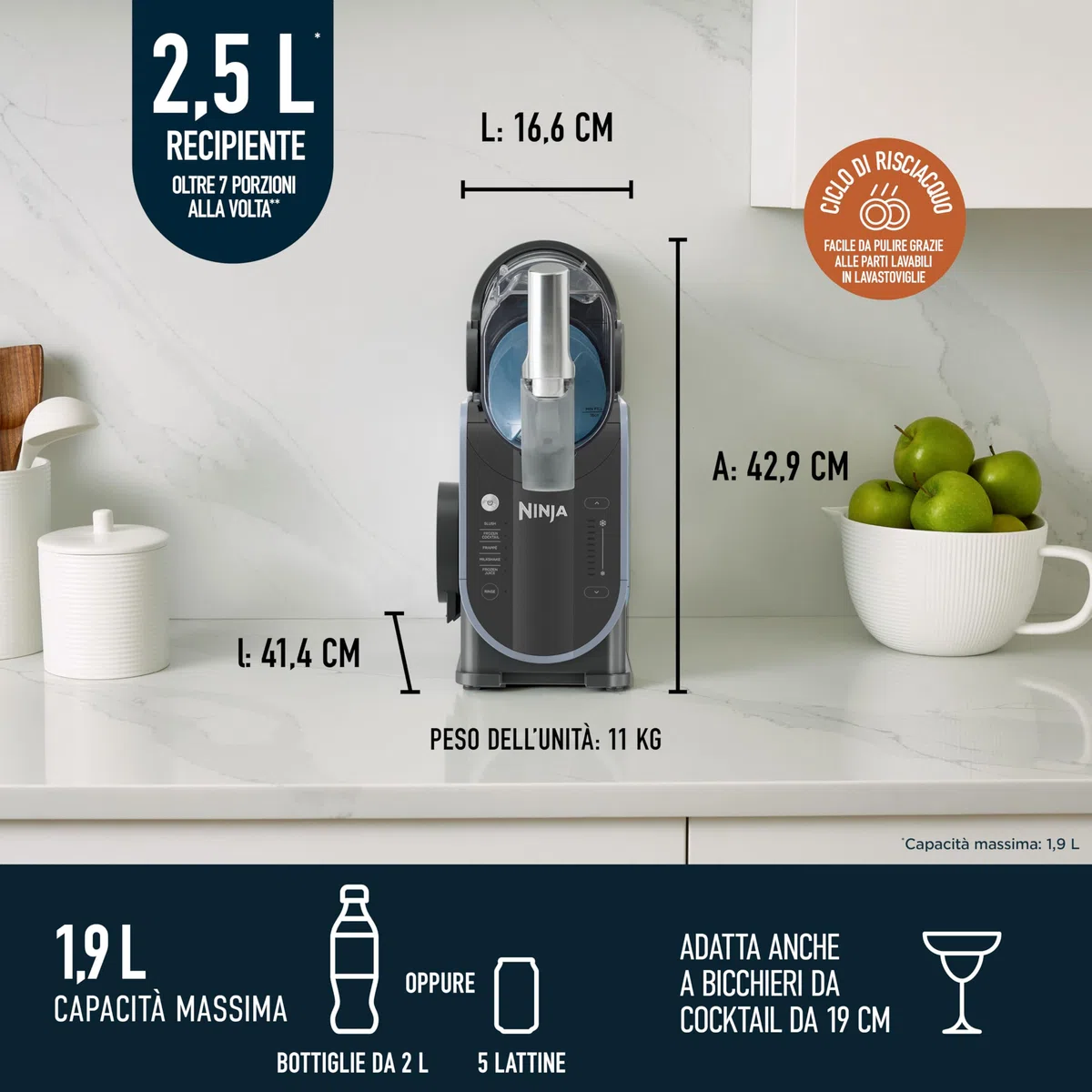 Ninja SLUSHi Macchina per Bevande Ghiacciate, per Granite, Cocktail, Frappé, Milkshake e Succhi, Senza Bisogno di Ghiaccio, Technologia WhisperChill, Capacità 1,9 L, Blu e Grigio FS301EU