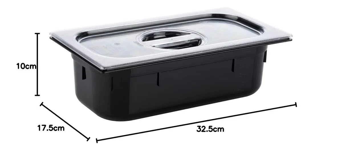 APS 82069 GN 1/3 Contenitore Gastronorm, in policarbonato, dimensioni 325 x 175 mm/altezza 100 mm/volume 3,6 litri, nero
