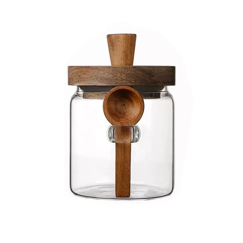 Barattoli in vetro con coperchio in legno e cucchiaio, contenitori per alimenti, barattoli per spezie, tè, caffè, zucchero, organizer da cucina (400 ml)