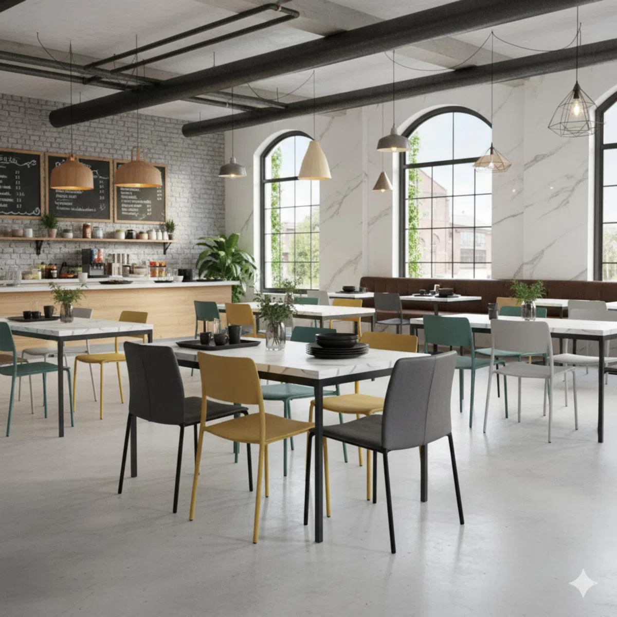HOMYLIN Tavolo da caffetteria scolastica da 120 cm, con piano in finto marmo laminato e struttura in metallo, tavolo da pranzo resistente per studenti e personale, bianco