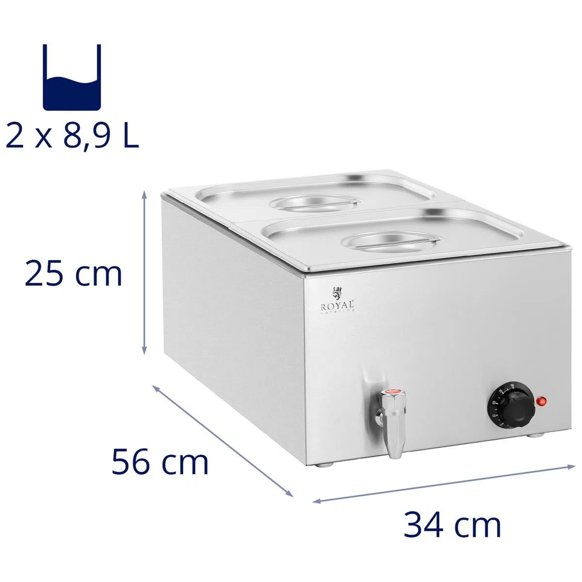 Royal Catering RCBM_GN1/2 Bain Marie 600 W 2 GN 1/2 rubinetto di scarico per bagnomaria scaldavivande
