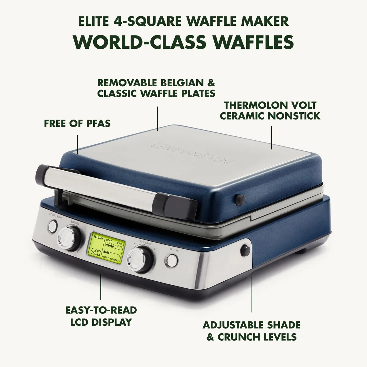 GreenPan Elite - Piastra per waffle belga e classica 4 quadrati, ceramica sana, antiaderente, in alluminio, lavabile in lavastoviglie, controlli ombra regolabili/scricchiolii, non traboccante,