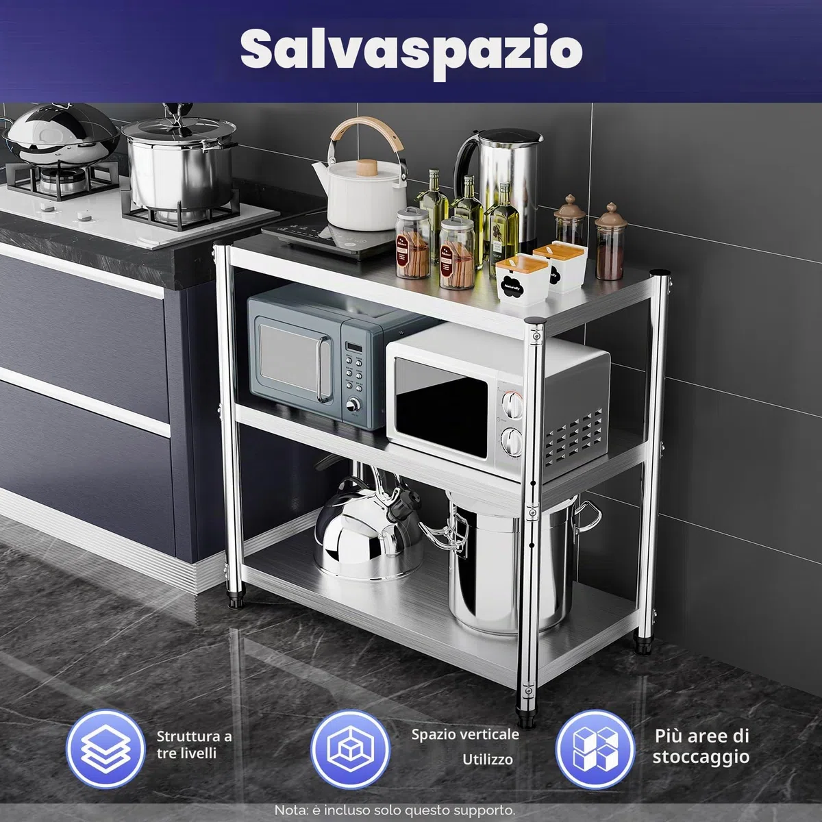 Tavolo da cucina in acciaio inox, 80 x 80 x 40 cm, tavolo da cucina in acciaio inox, per carichi pesanti, 3 ripiani, per gastronomia, 50 kg, per dispense, ristoranti, cucine, grandi cucine