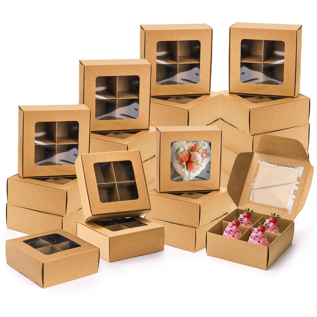 Eorbow Confezione da 40 scatole da forno marroni con finestra e divisori, mini scatole da pasticceria da 15 x 15 cm con 4 scomparti, scatole regalo in carta kraft con inserti, contenitori per