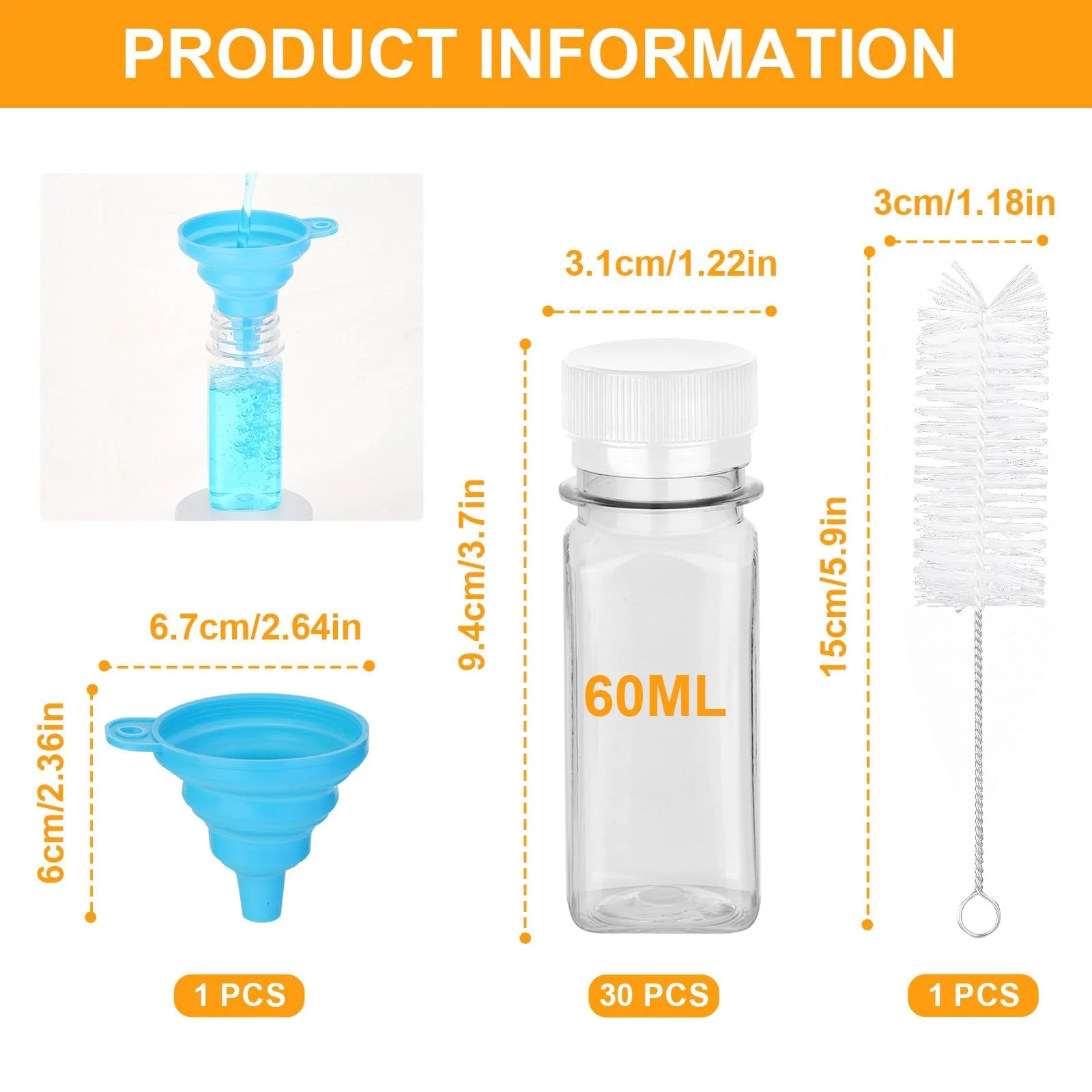 30 bottiglie di zenzero Shot Mini da riempire – 60 ml di plastica trasparente per frullati con imbuto e spazzola per frigorifero Ginger Juicer