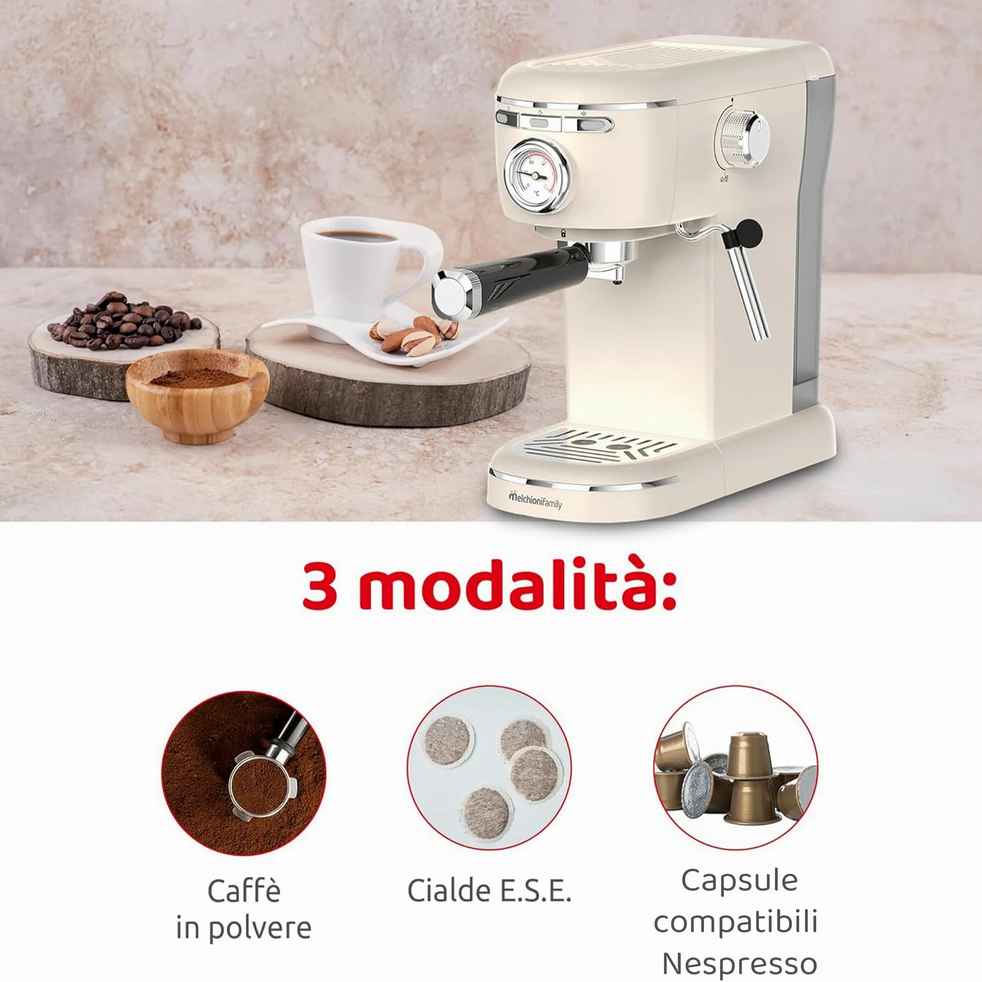 Aromatica Plus Macchina da Caffè Espresso 3 in 1 | Compatibile con Cialde E.S.E., Capsule e Caffè in Polvere | 15 Bar, Serbatoio 1,2L, Montalatte Manuale per Cappuccino