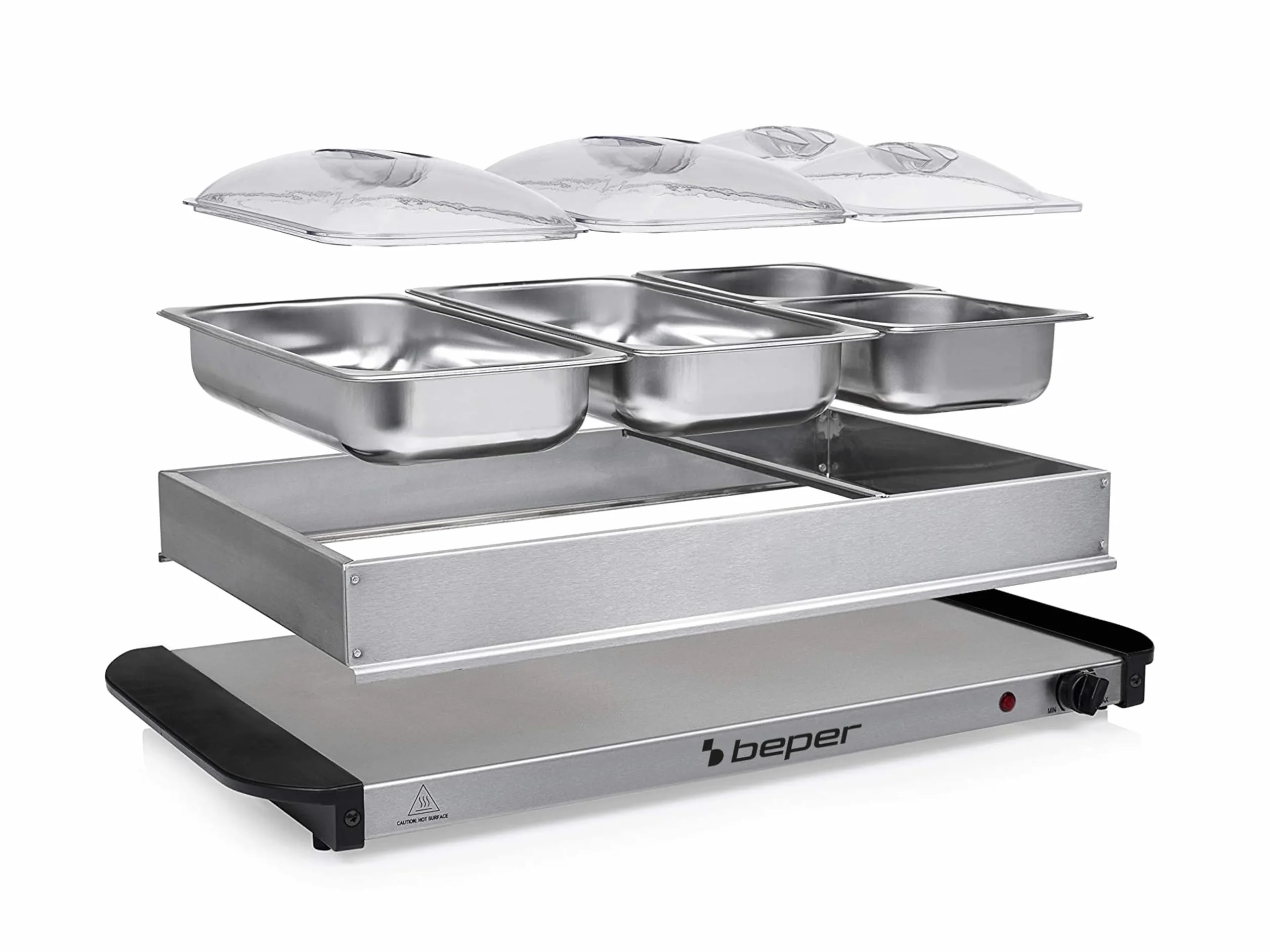 BEPER P101TEM002 Scaldavivande da Buffet, Mantenitore di Calore per Pietanze, 4 Vassoi Rimovibili + Base Piastra Calda, Termostato Regolabile e Maniglie Termoisolanti, Ideale per feste ed eventi
