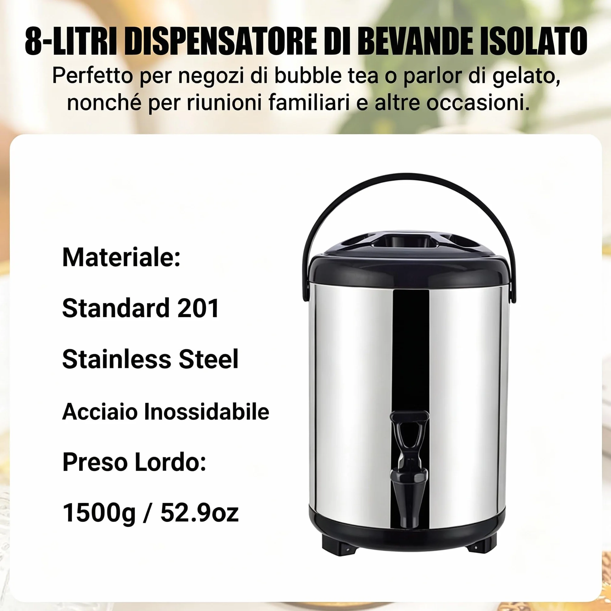 Distributore Di Bevande In Acciaio Inossidabile, Secchio Isolato 8L Per Bevande Calde E Fredde Con Rubinetto Per Tè Al Latte
